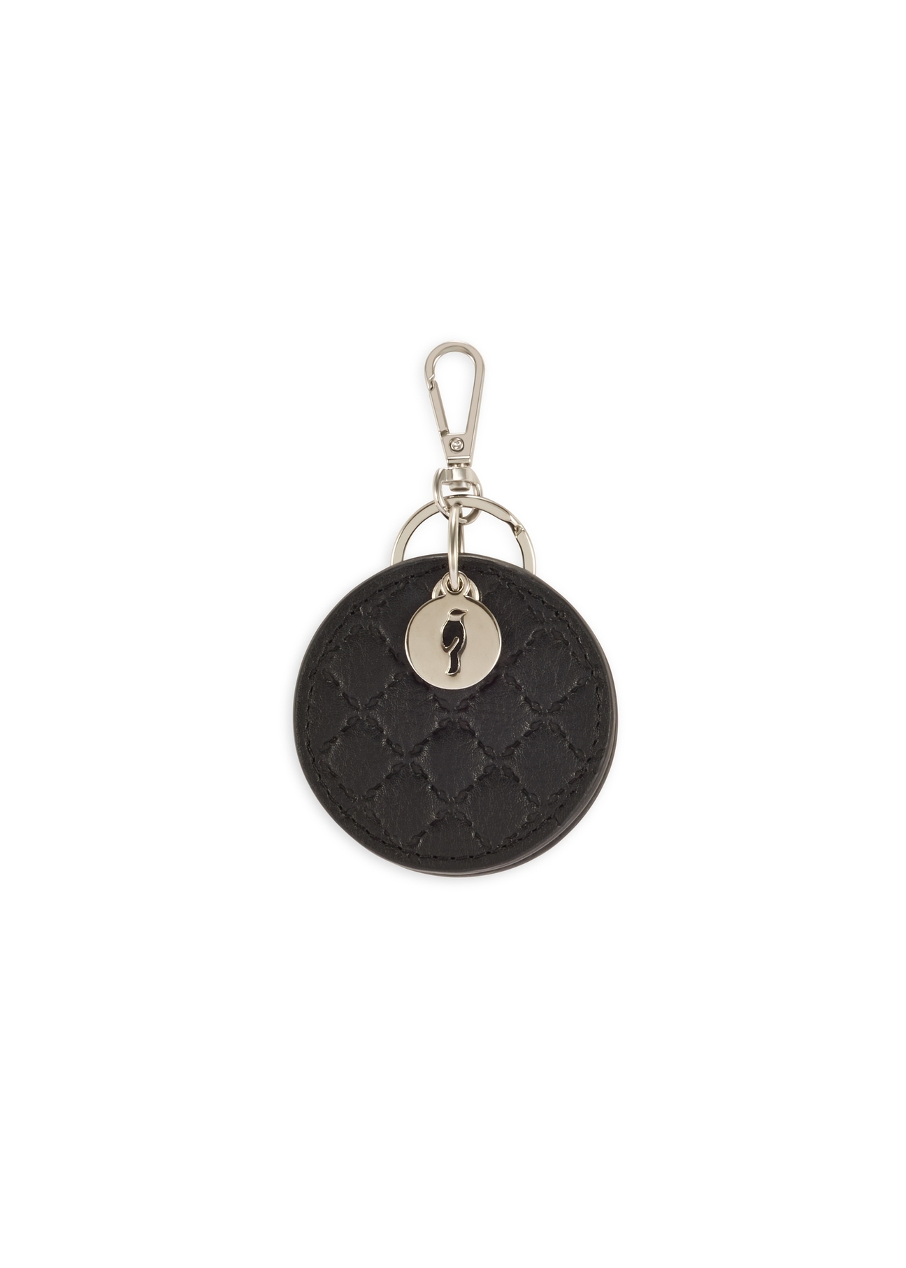 Czarny brelok skórzany z lusterkiem BRELOK-0215-99(Z25), widok produktu od tyłu na białym tle.