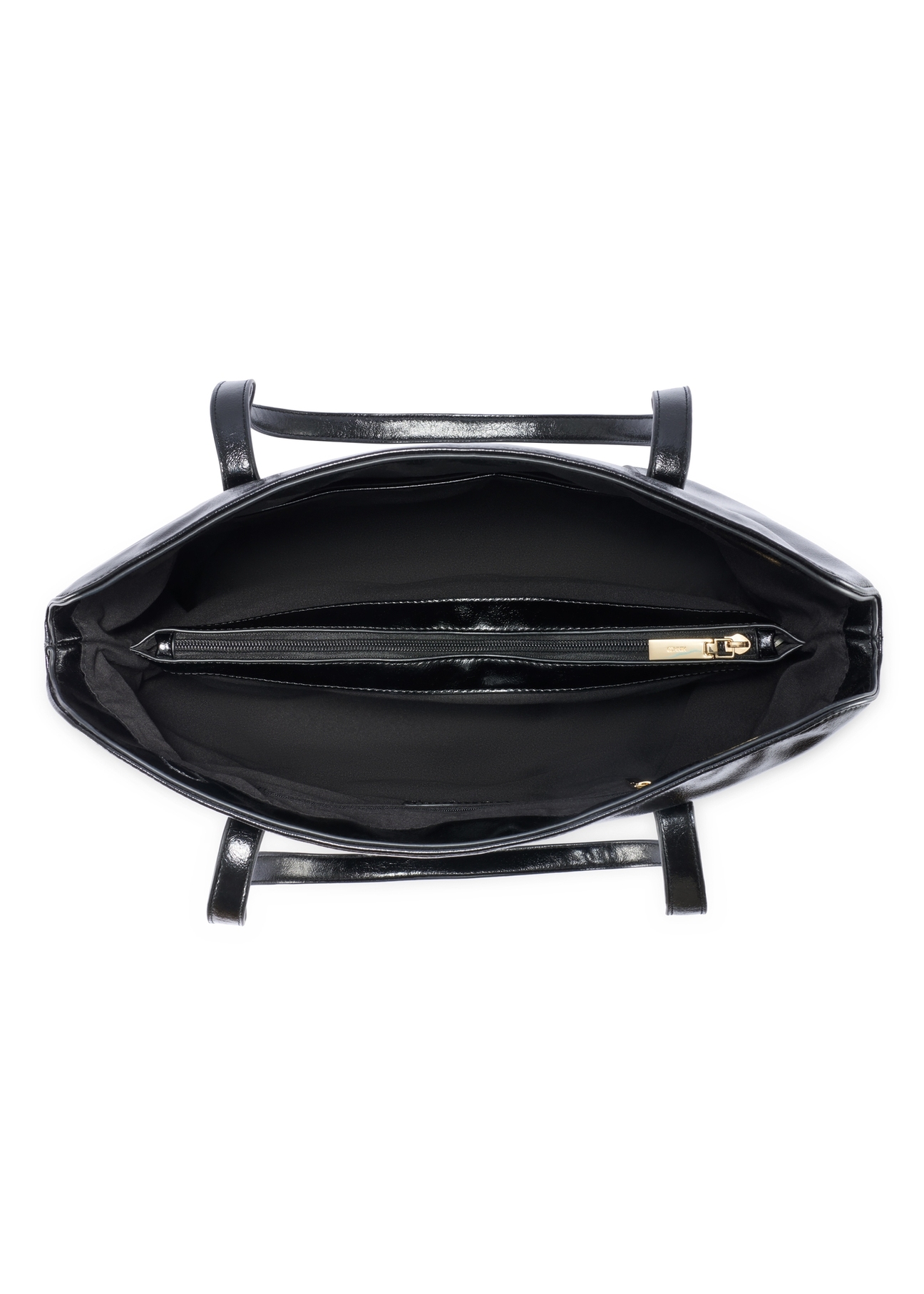 Czarna torebka shopper damska TOREC-1206-9F(W26) - widok produktu z góry, na białym tle. 