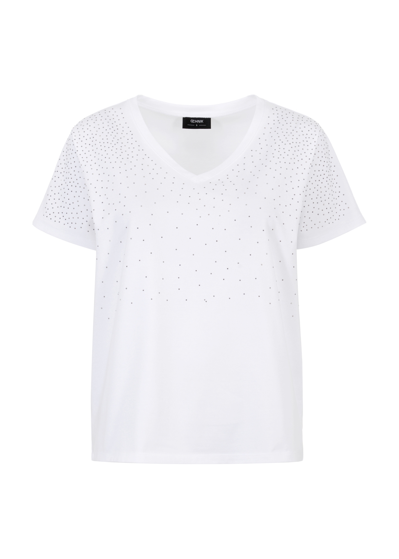 Biały T-shirt damski z cekinami TSHDT-0113-11(W23)-04