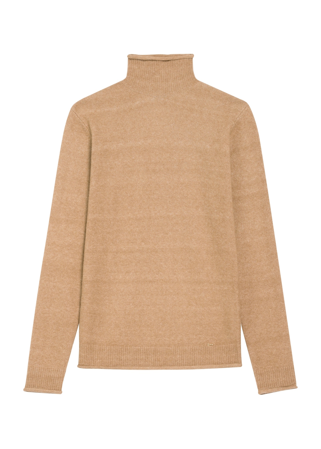 Camelowy sweter damski z domieszką wełny SWEDT-0241-24(Z25), widok produktu z przodu na białym tle.