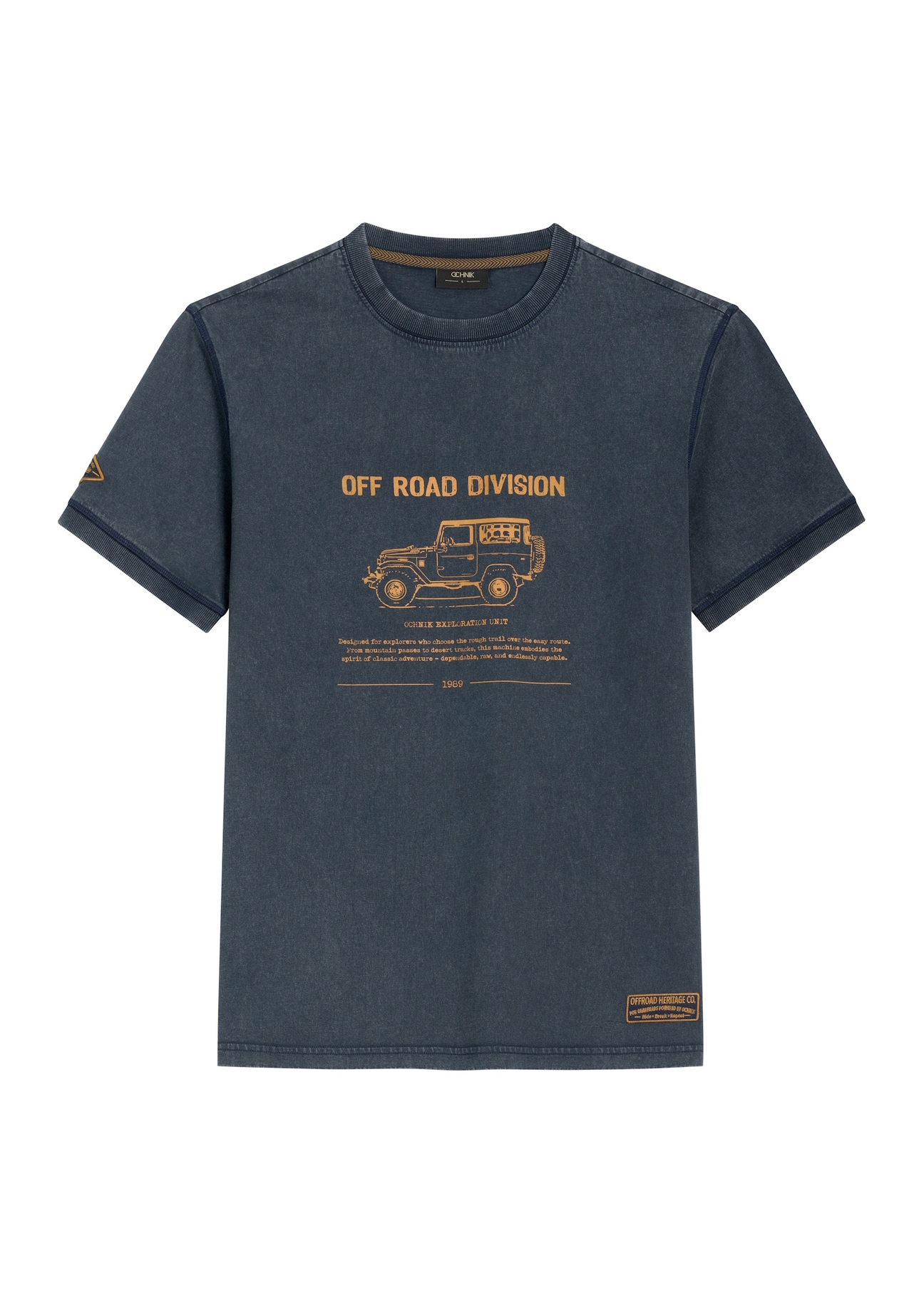 Ciemnogranatowy bawełniany T-shirt męski z nadrukiem TSHMT-0162-7E(Z26), widok produktu z przodu na białym tle.