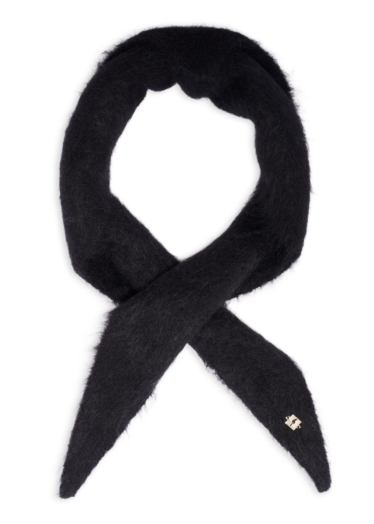 Czarny szalik damski z wełny alpaki SZADT-0223-99(Z26) - widok z góry, na białym tle. 