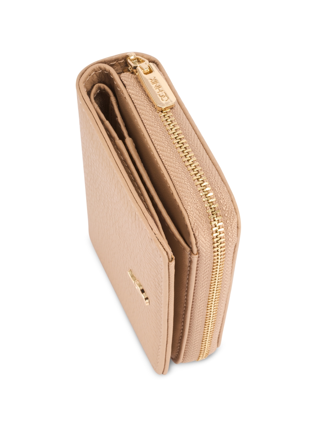 Mały beżowy skórzany portfel damski PORES-0833R-1B(W26), zbliżenie na detal produktu na białym tle.