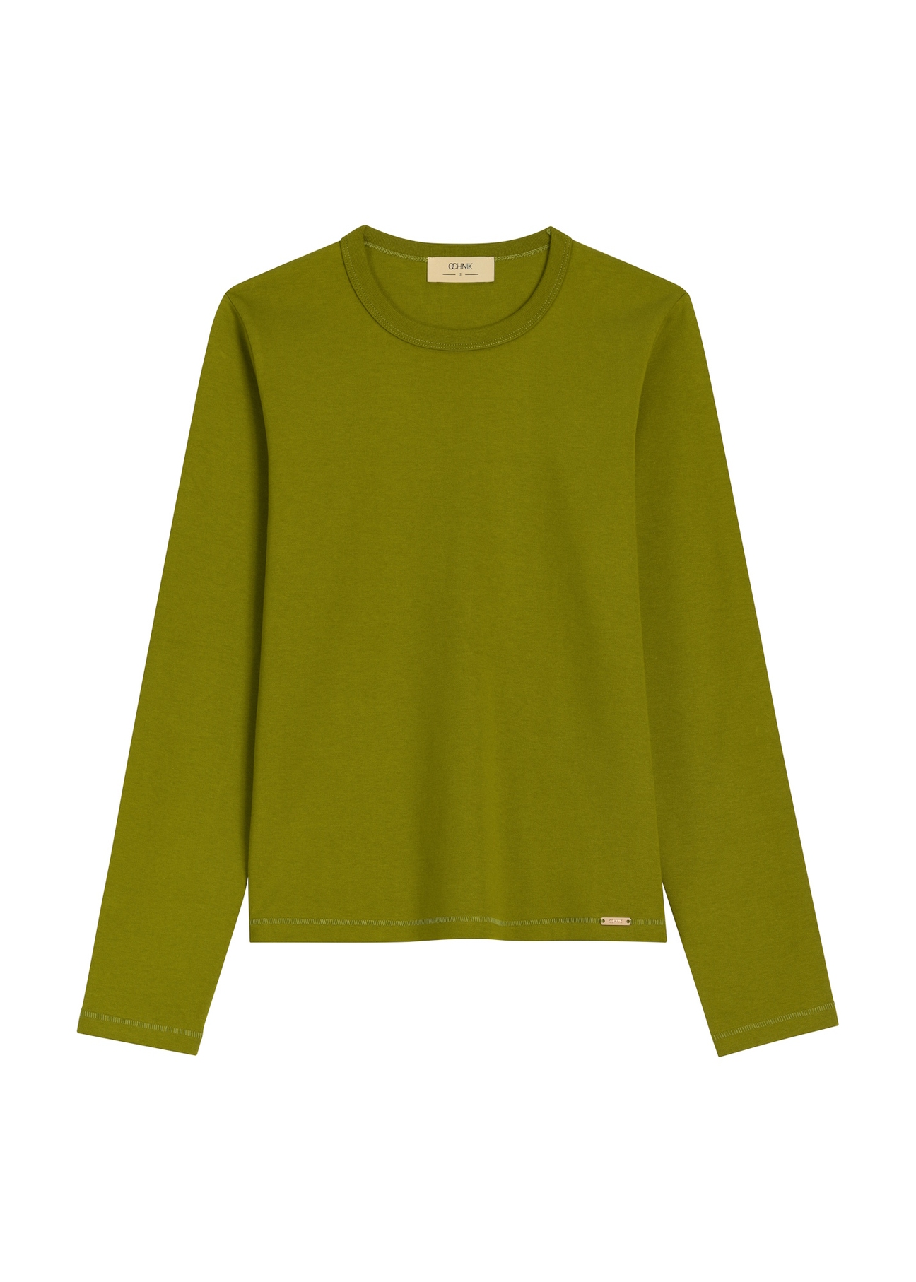 Oliwkowy bawełniany longsleeve damski LSLDT-0052-8E(Z26) - widok produktu z przodu, na białym tle. 