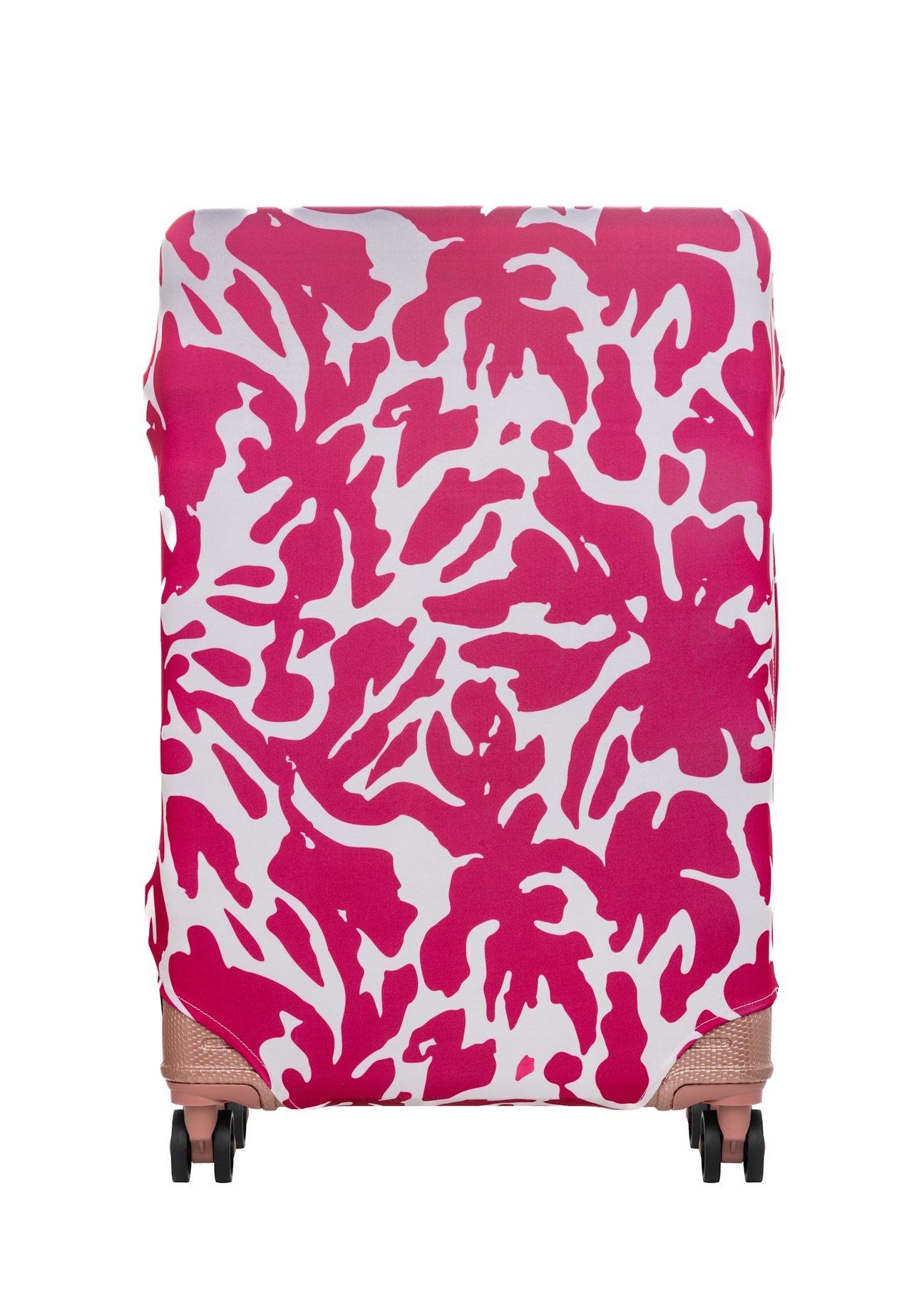 Różowy pokrowiec na dużą walizkę AW-013-0007-5P-L(W26), widok produktu z przodu na walizce.