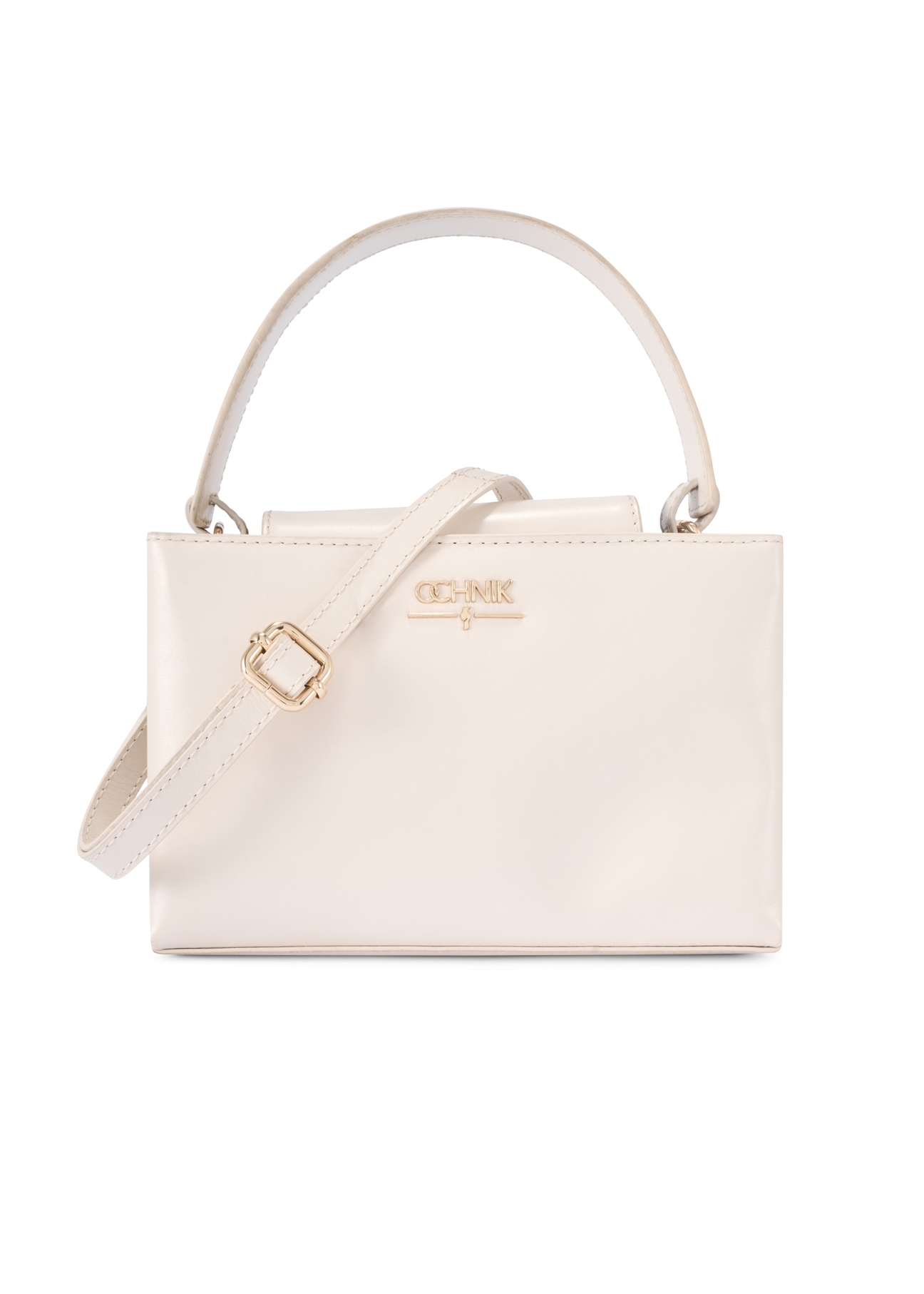 Skórzana kremowa torebka kuferek TORES-1270-0B(W26), widok produktu z przodu na białym tle.