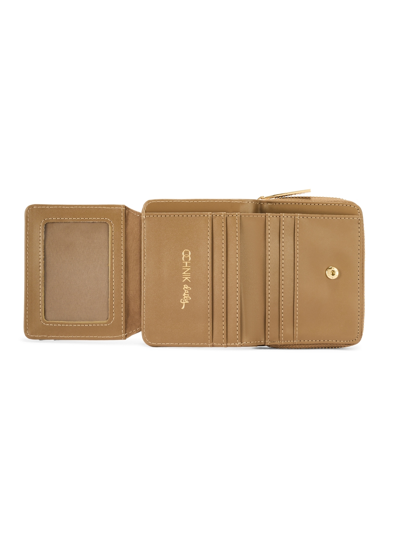 Mały beżowy portfel damski z monogramem POREC-0349A-81(Z25), widok produktu od środka na białym tle.