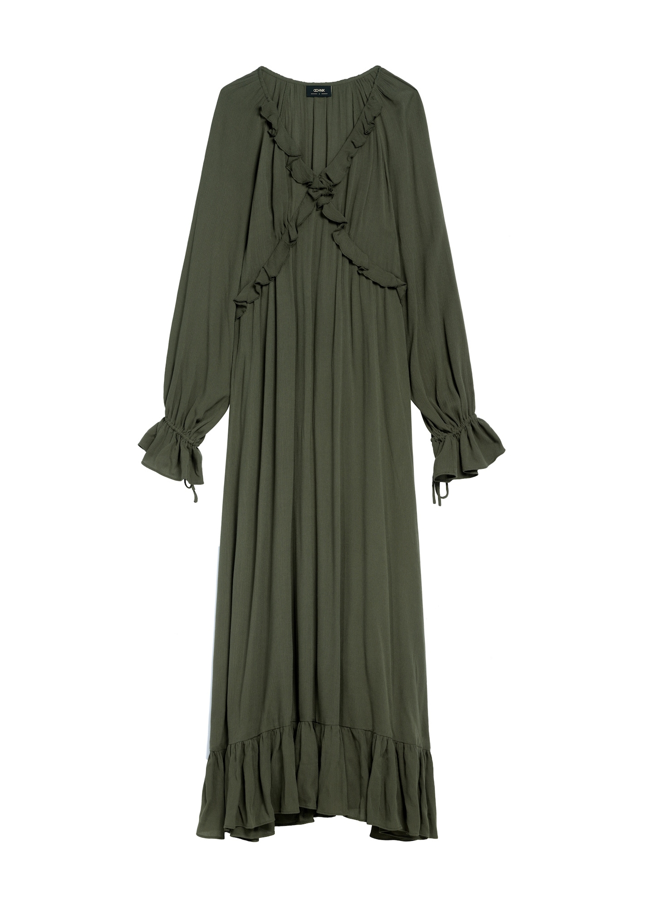 Sukienka maxi w kolorze khaki SUKDT-0248-55(Z25), widok produktu z przodu na białym tle.