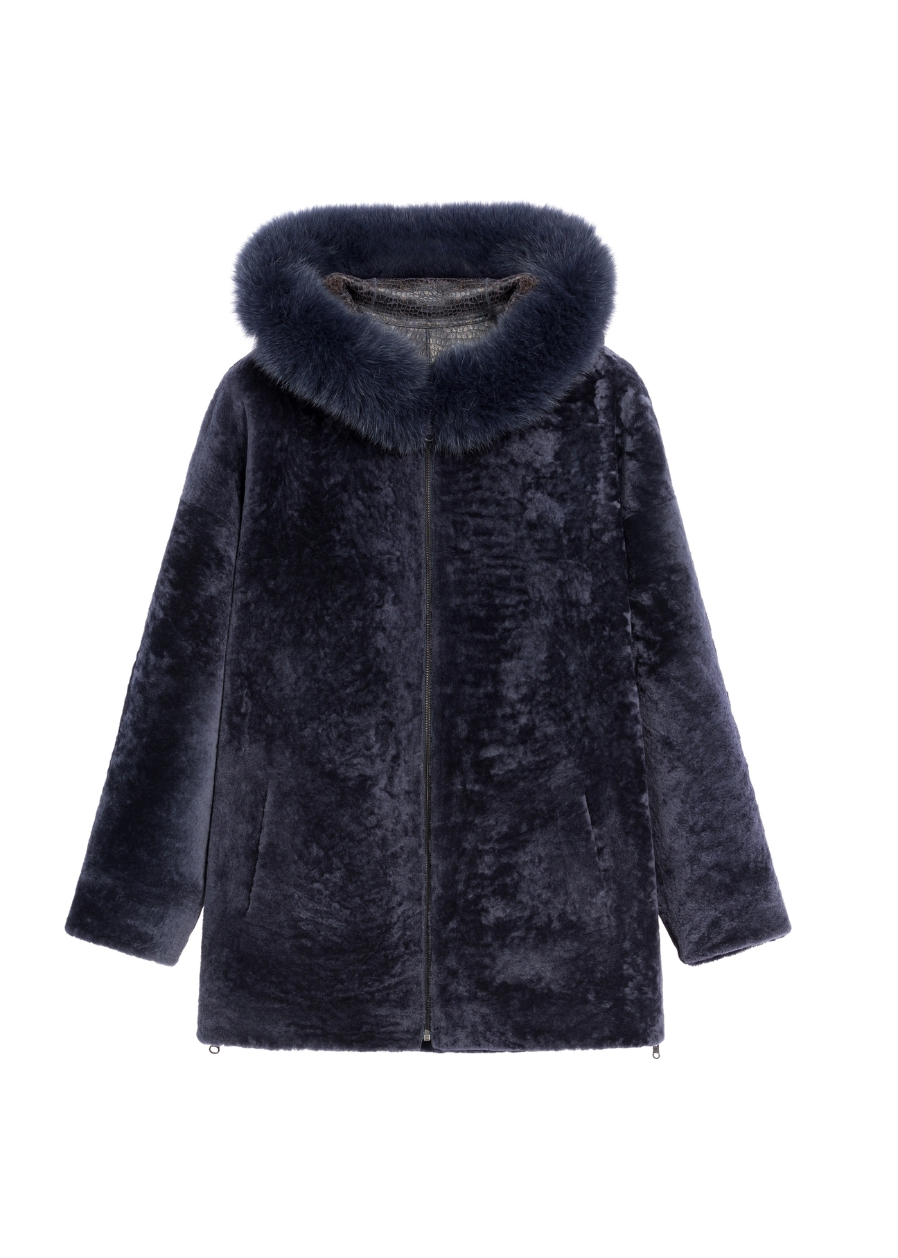 Skórzany dwustronny kożuch damski KOZDS-0094-1397(Z25), widok produktu od przodu na białym tle.