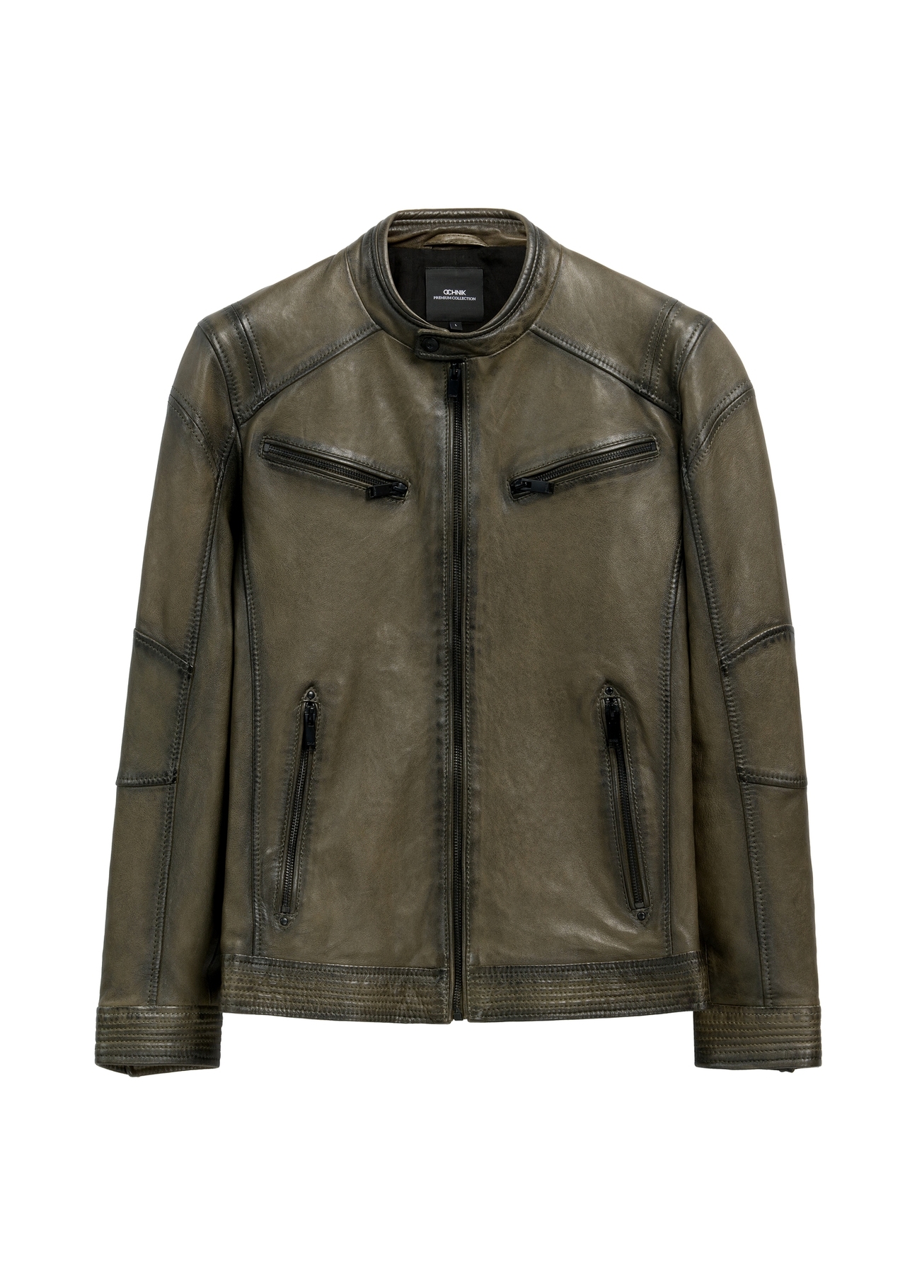 Skórzana kurtka męska w kolorze khaki KURMS-0403-8D(W26) - widok produktu z przodu, na białym tle.