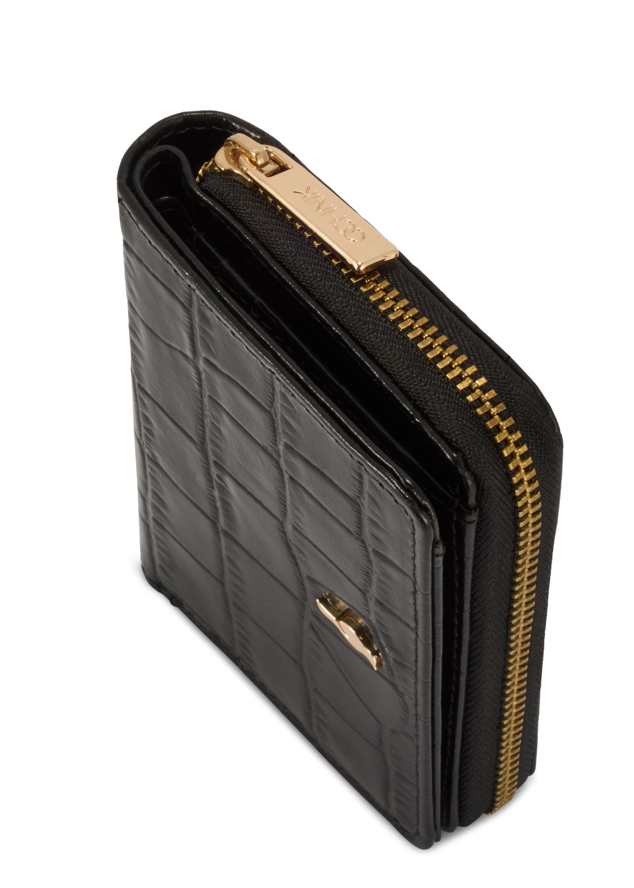 Czarny portfel damski croco PORES-0888-9G(W26), zbliżenie na detal produktu na białym tle.