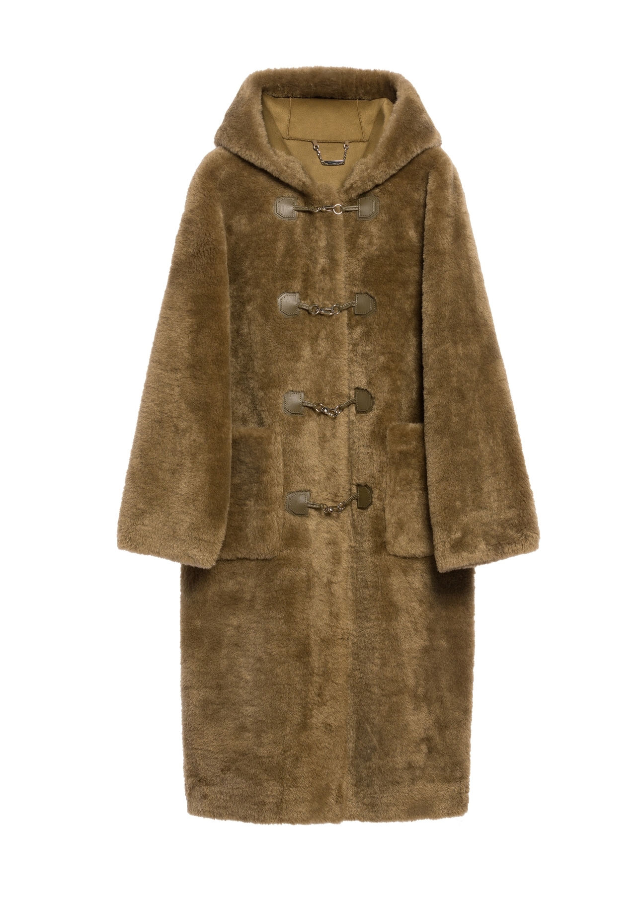 Futro damskie w kolorze khaki FUTDP-0070-55(Z25), widok produktu od przodu na białym tle.