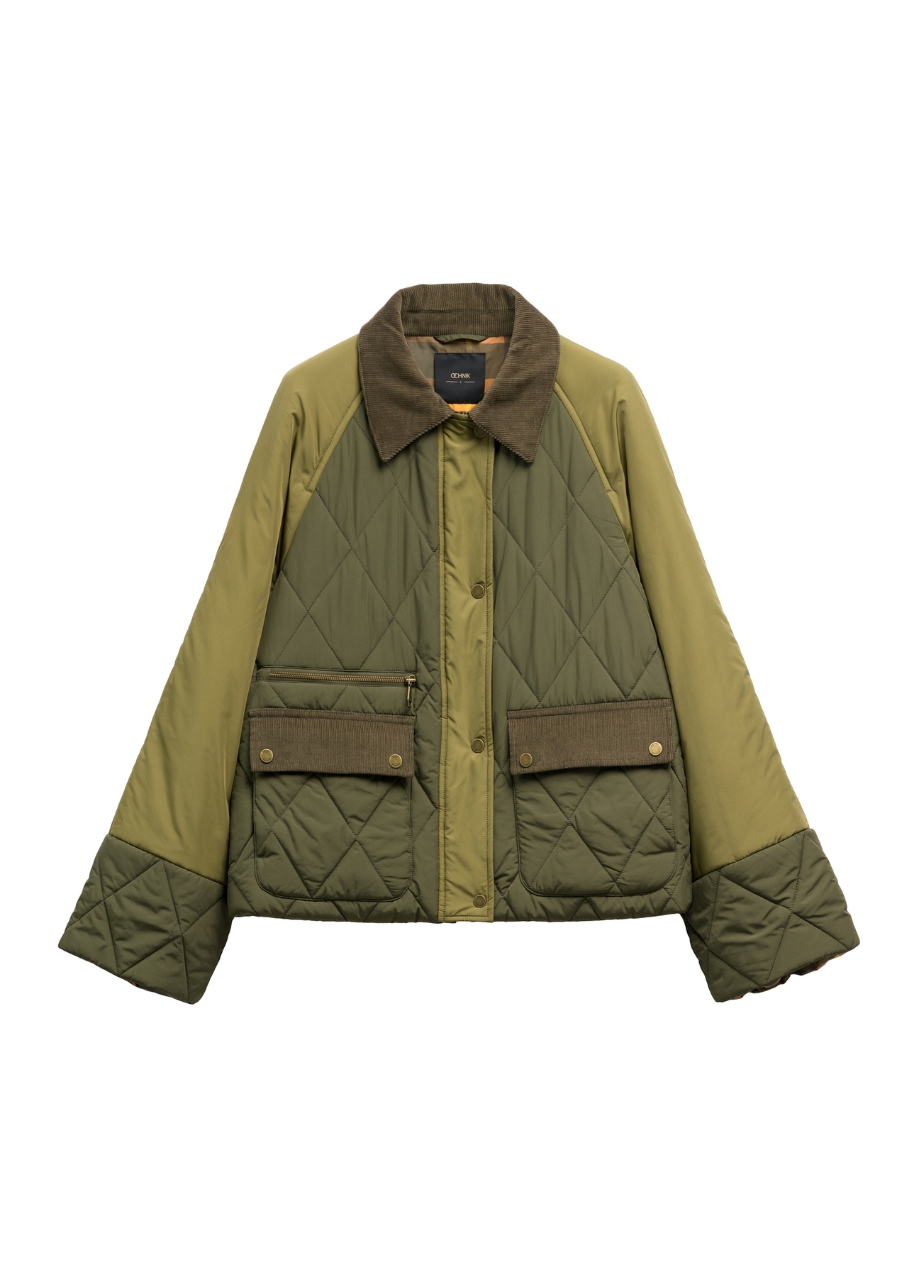 Kurtka damska w kolorze khaki KURDT-0665-8B(Z26) - widok produktu z przodu, na białym tle. 