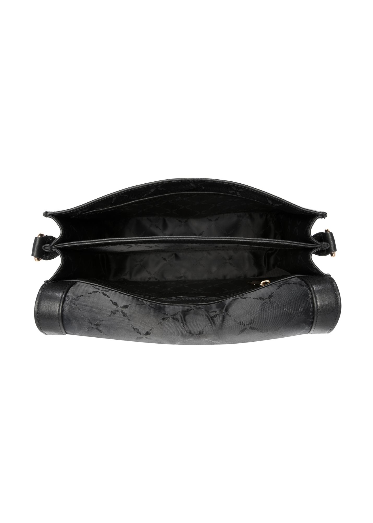 Czarna skórzana listonoszka damska TORES-1316-99(Z26) - widok produktu z góry, na białym tle. 