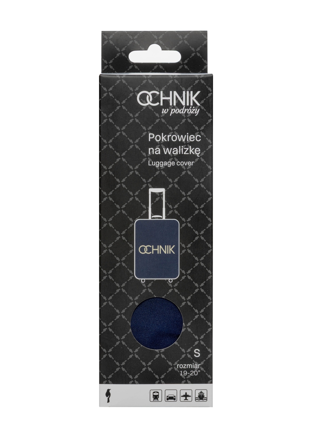 Granatowy pokrowiec na małą walizkę AW-013-0002-7D-S(W26), widok produktu z przodu w opakowaniu.