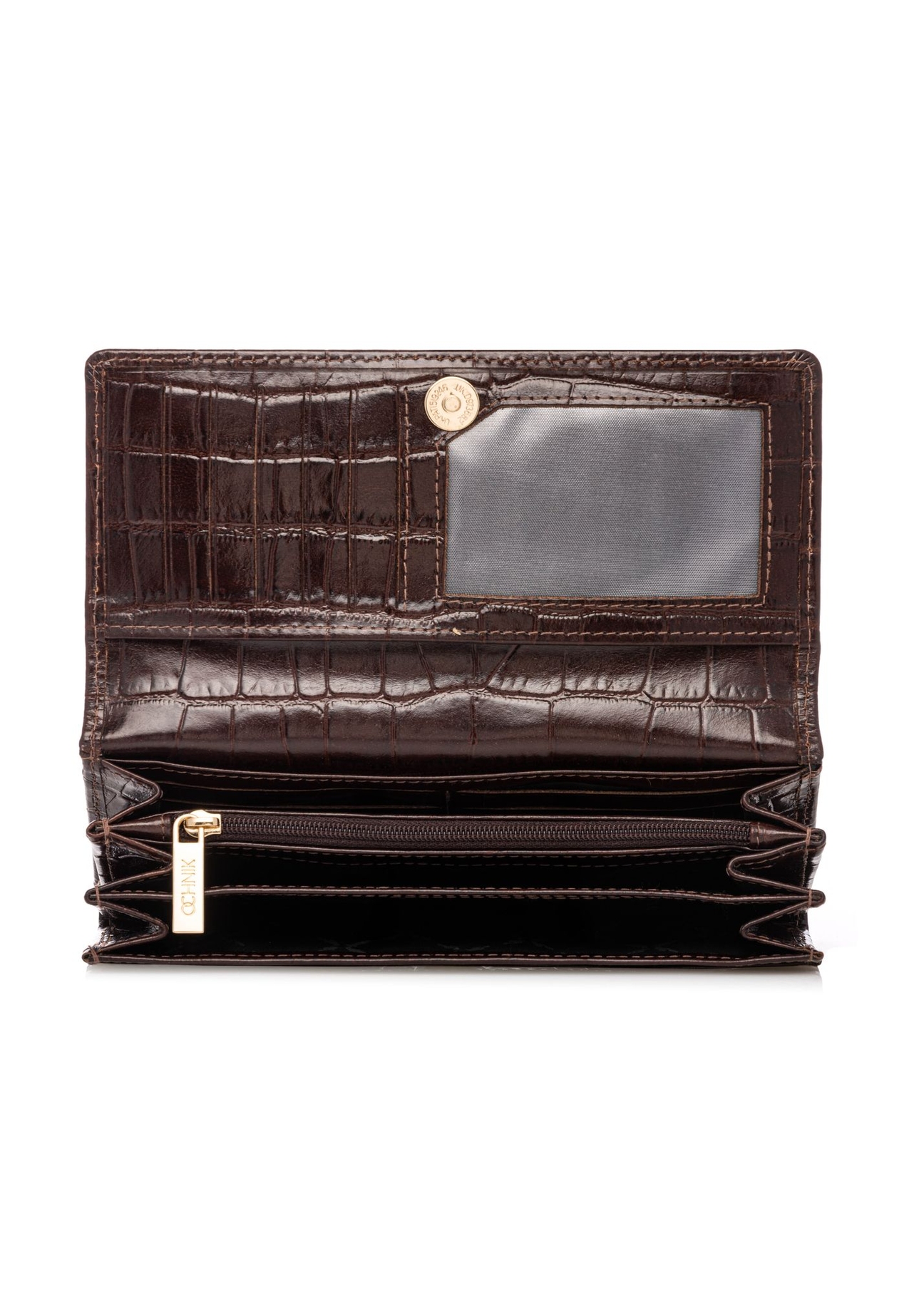 Skórzany brązowy portfel damski croco PORES-0889-1H(W26) - widok produktu z góry, na białym tle.