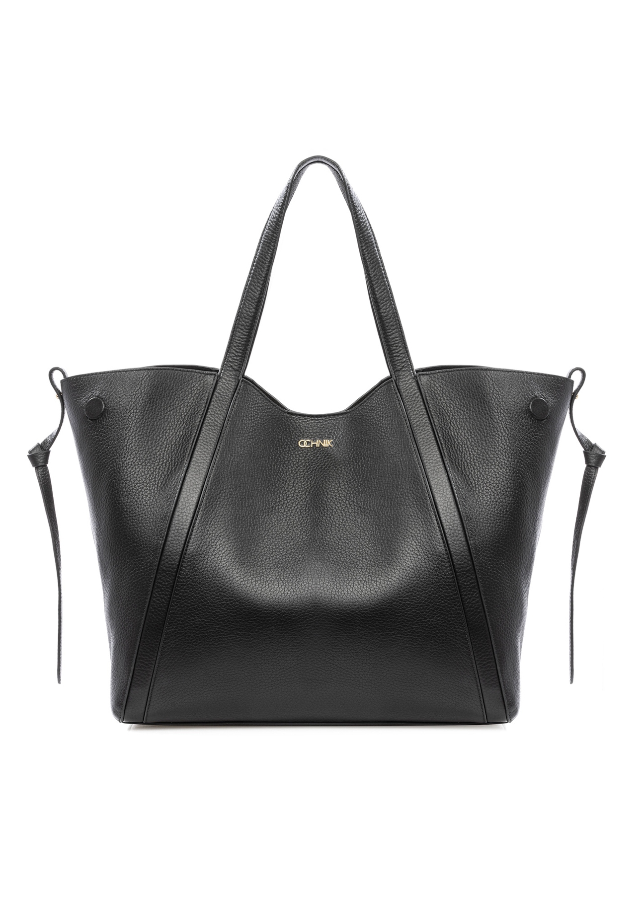 Czarna skórzana torebka shopper damska TORES-1208-9I(W26), widok produktu z przodu na białym tle.