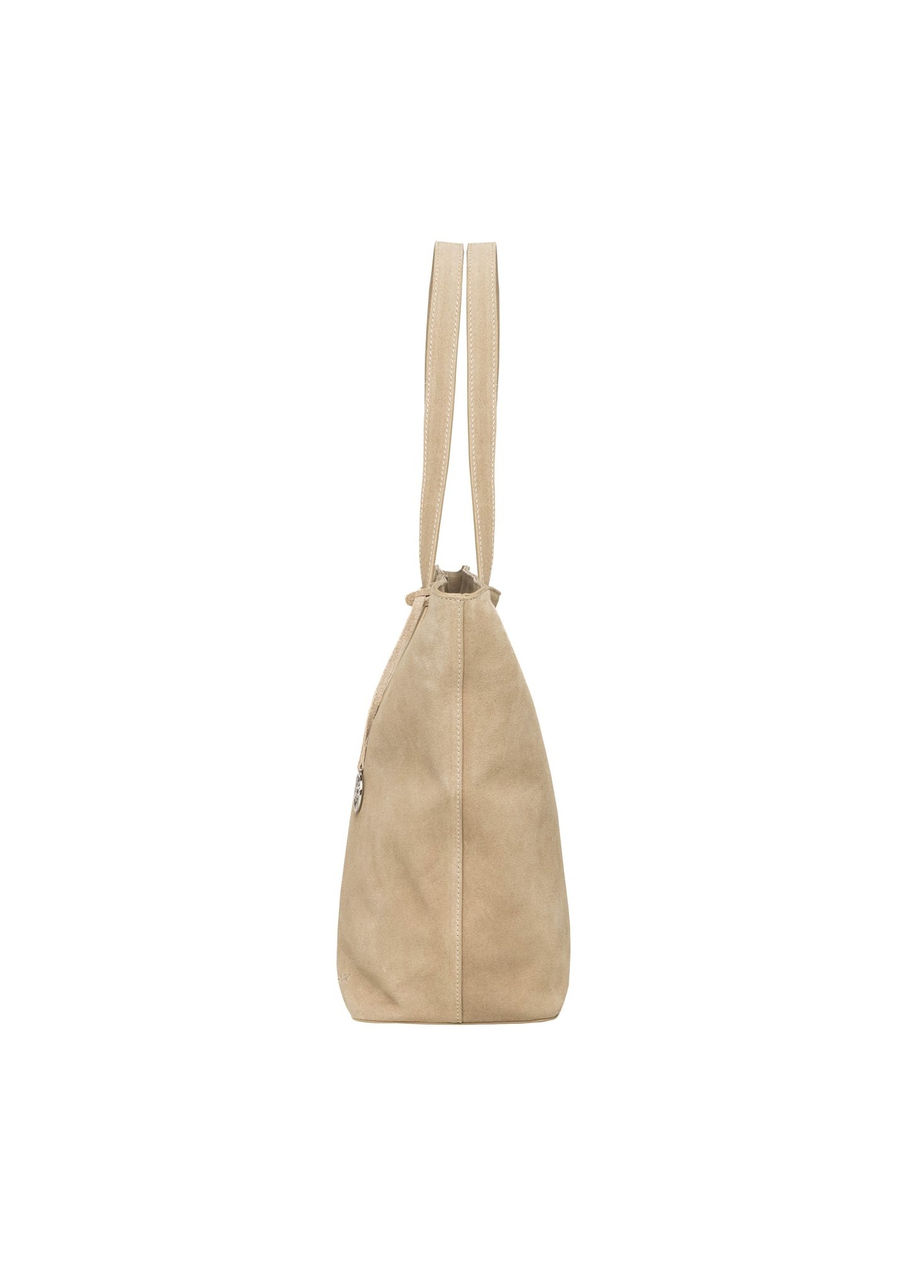 Torebka damska typu shopper w kolorze chłodnego beżu TORES-1407-1K(Z26) - widok produktu z boku, na białym tle. 