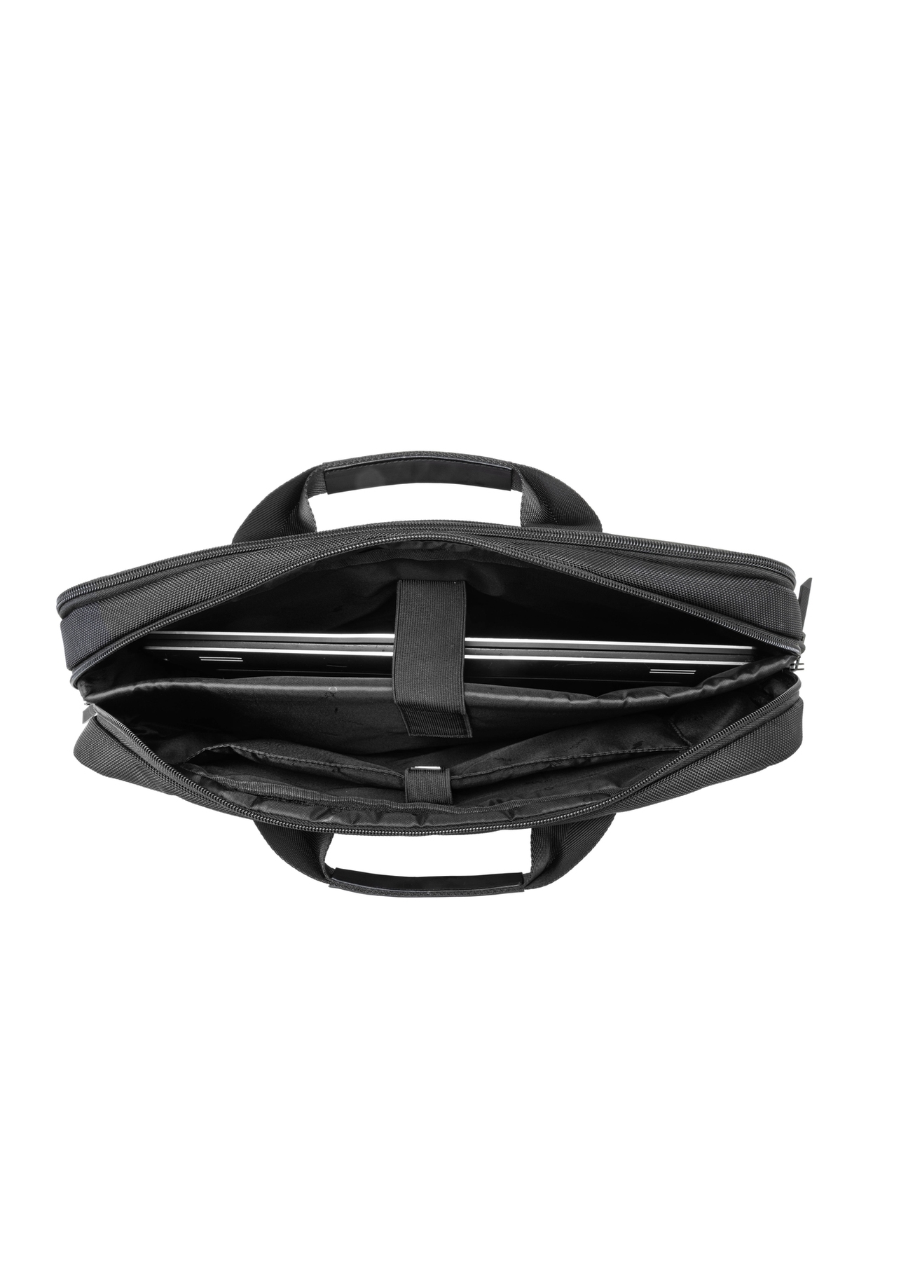 Czarna torba na laptopa TORMN-0401-99(W26) - widok produktu z góry, na białym tle. 