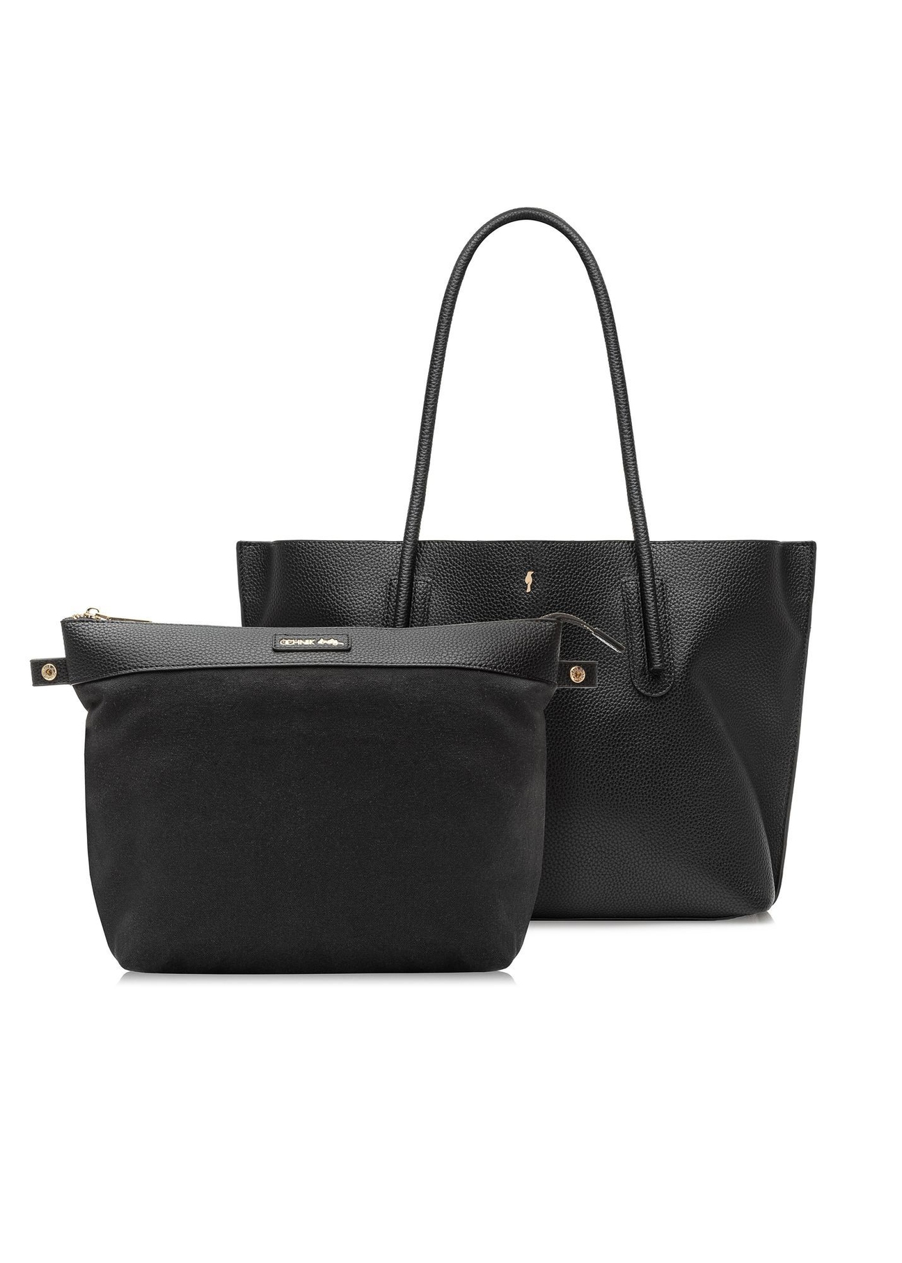 Czarna torebka shopper damska TOREC-0938B-99(Z25), widok produktu z kosmetyczką na białym tle.