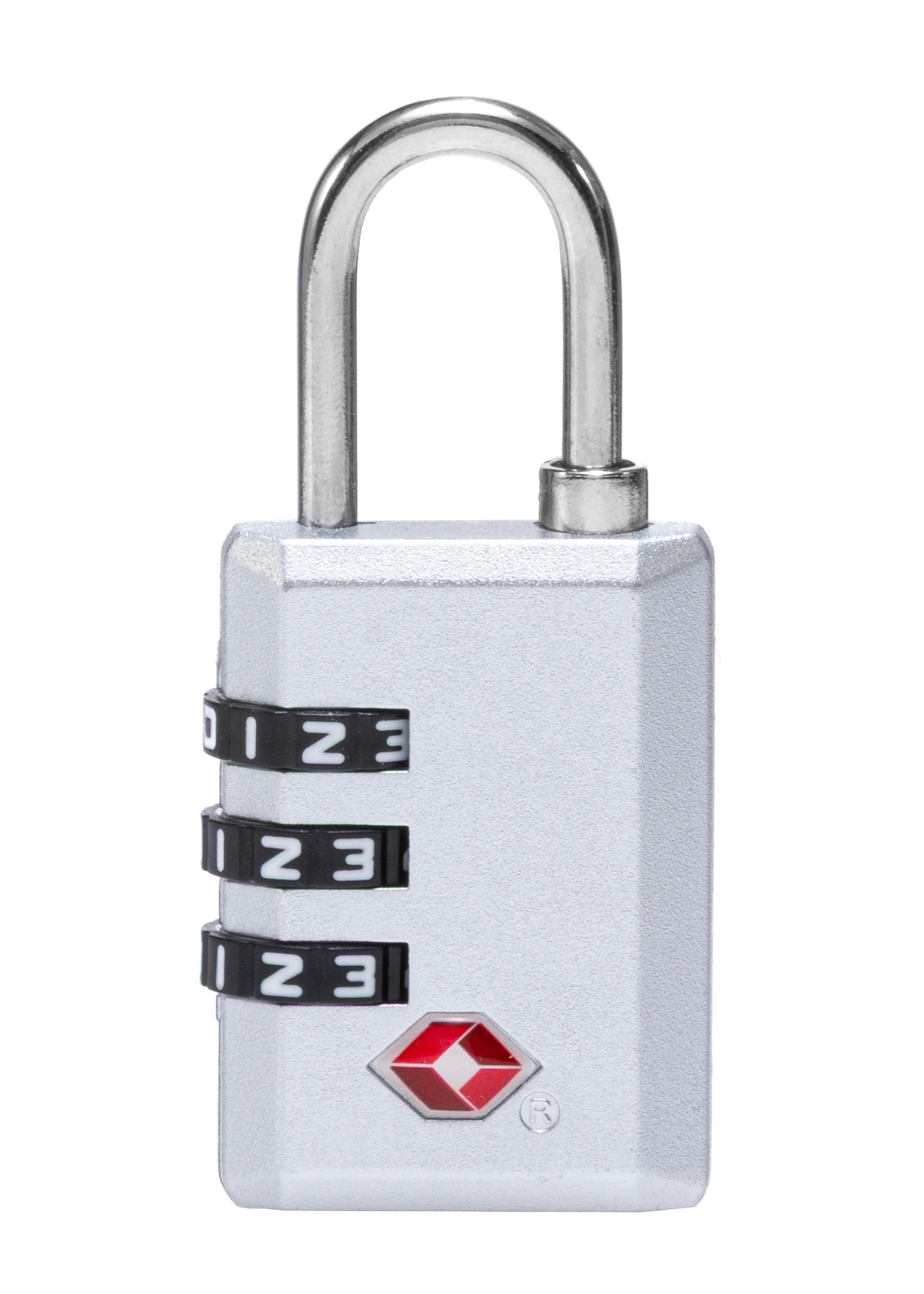 Srebrna szyfrowa kłódka TSA AW-015-0002-92(W25), widok produktu tyłem na białym tle.