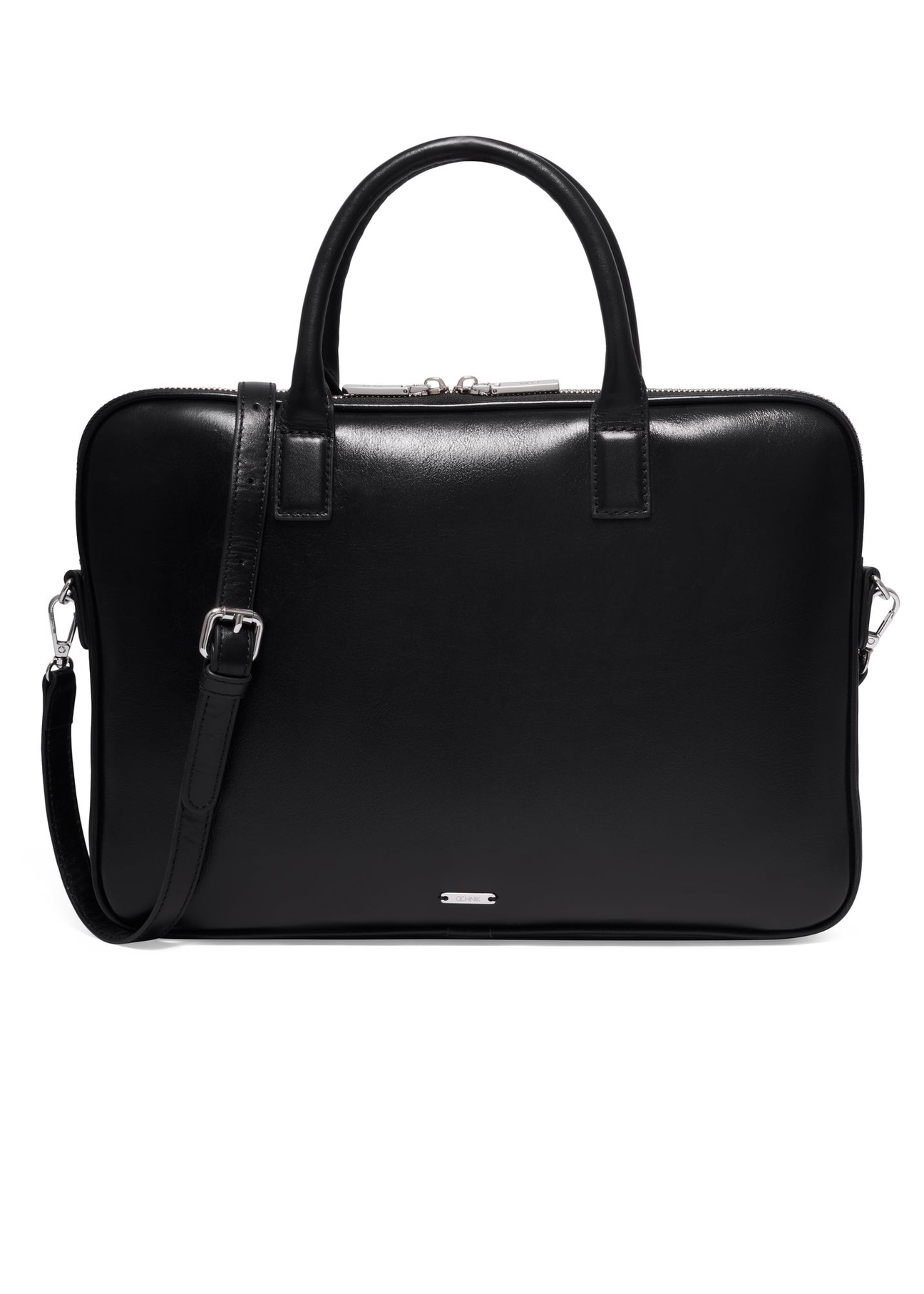 Czarna skórzana elegancka torba na laptopa TORES-1344-99(Z26) - widok produktu z przodu, na białym tle. 
