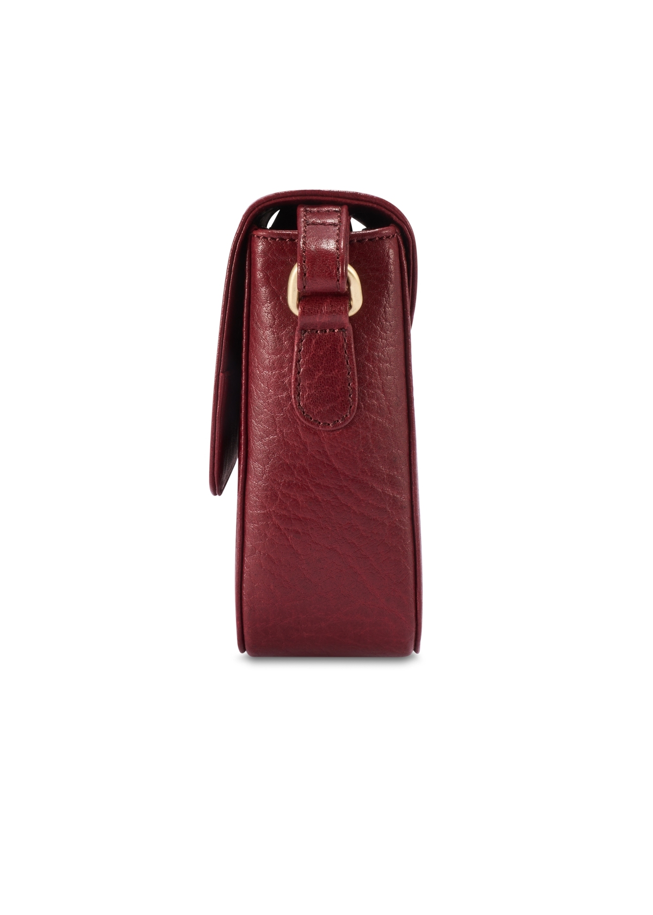Bordowa skórzana listonoszka damska TORES-1245-4C(W26) - widok produktu z boku, na białym tle.