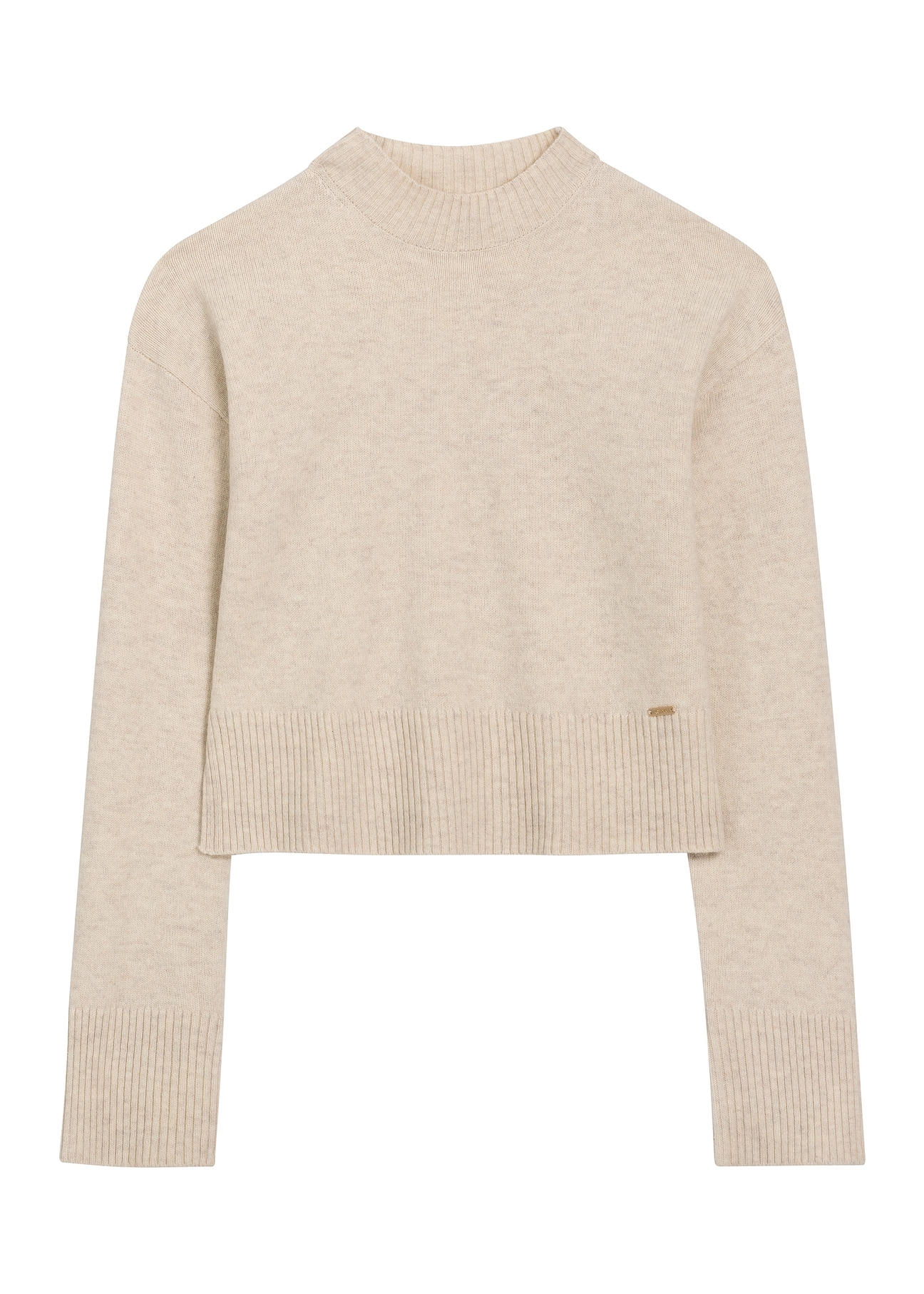 Jasnobeżowy sweter damski z wełny SWEDT-0244-1A(Z26), widok produktu z przodu na białym tle.