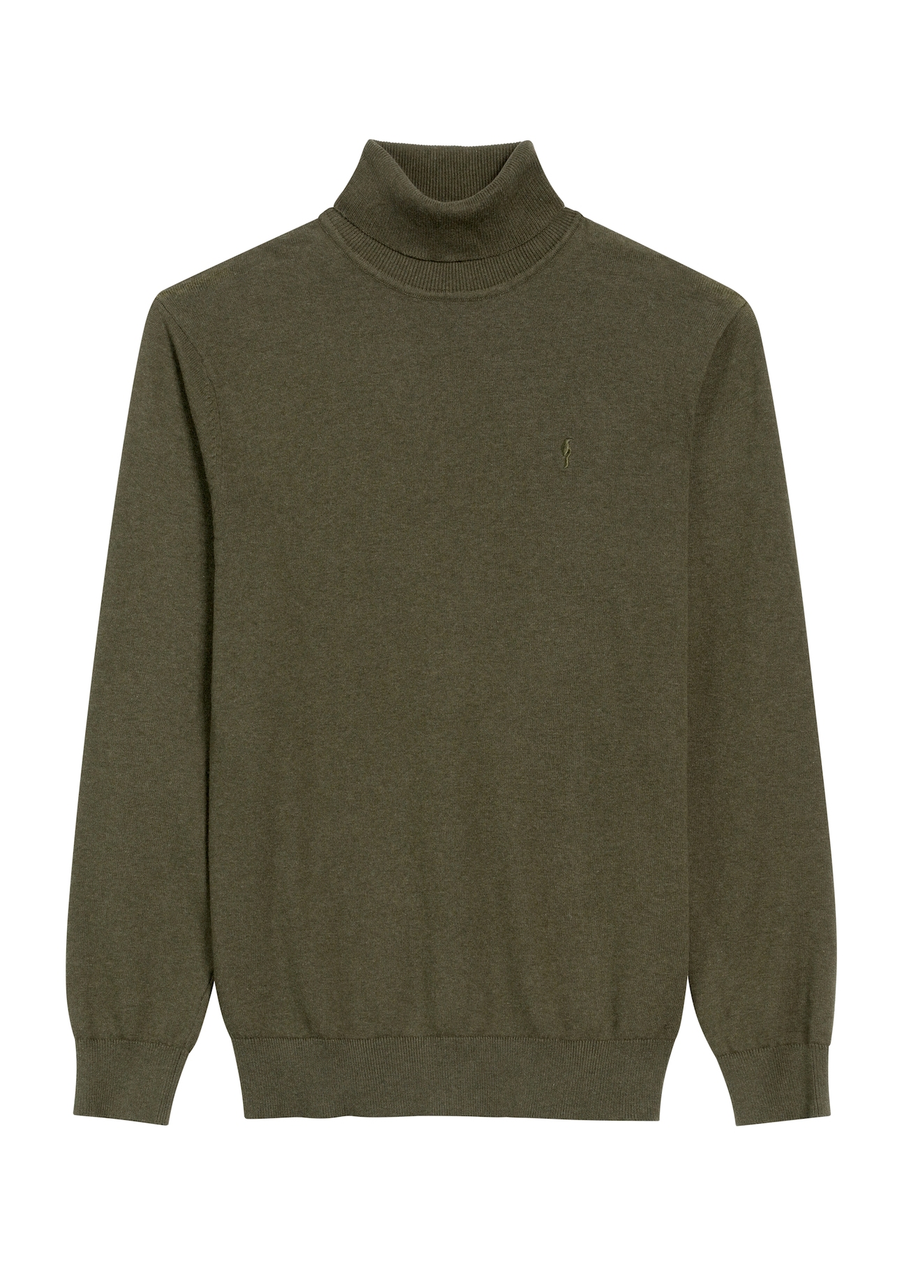 Sweter męski z golfem w kolorze khaki SWEMT-0095B-55(Z25), widok produktu od przodu na białym tle.
