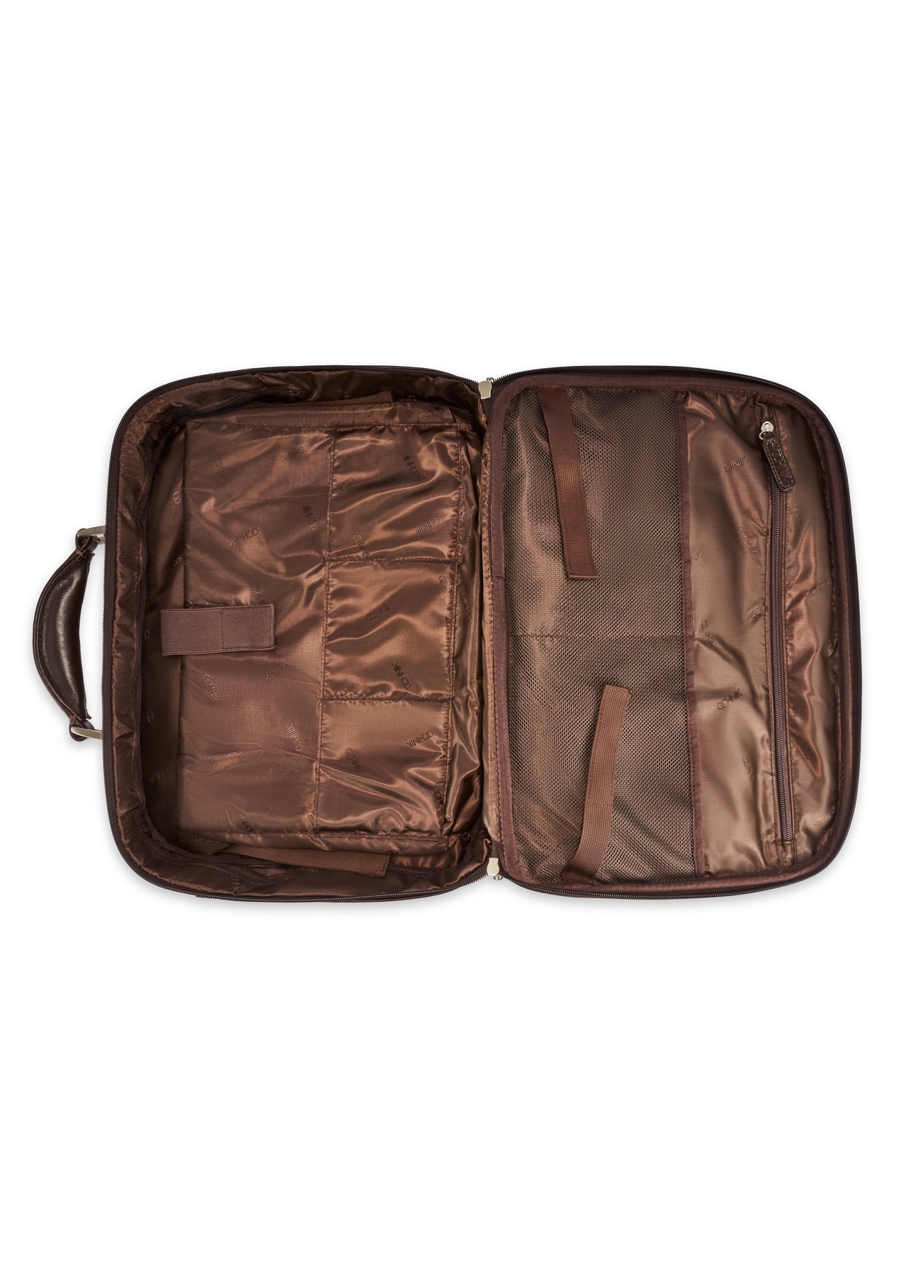 Brązowa skórzana męska torba na laptopa TORMS-0482-89(Z25), widok produktu od środka na białym tle.