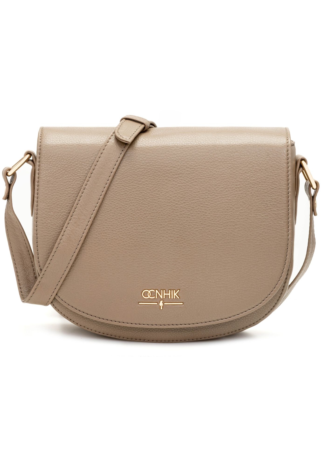 Ciemnobeżowa skórzana półokrągła torebka listonoszka TORES-0972F-1K(W26) - widok produktu z przodu na białym tle. 