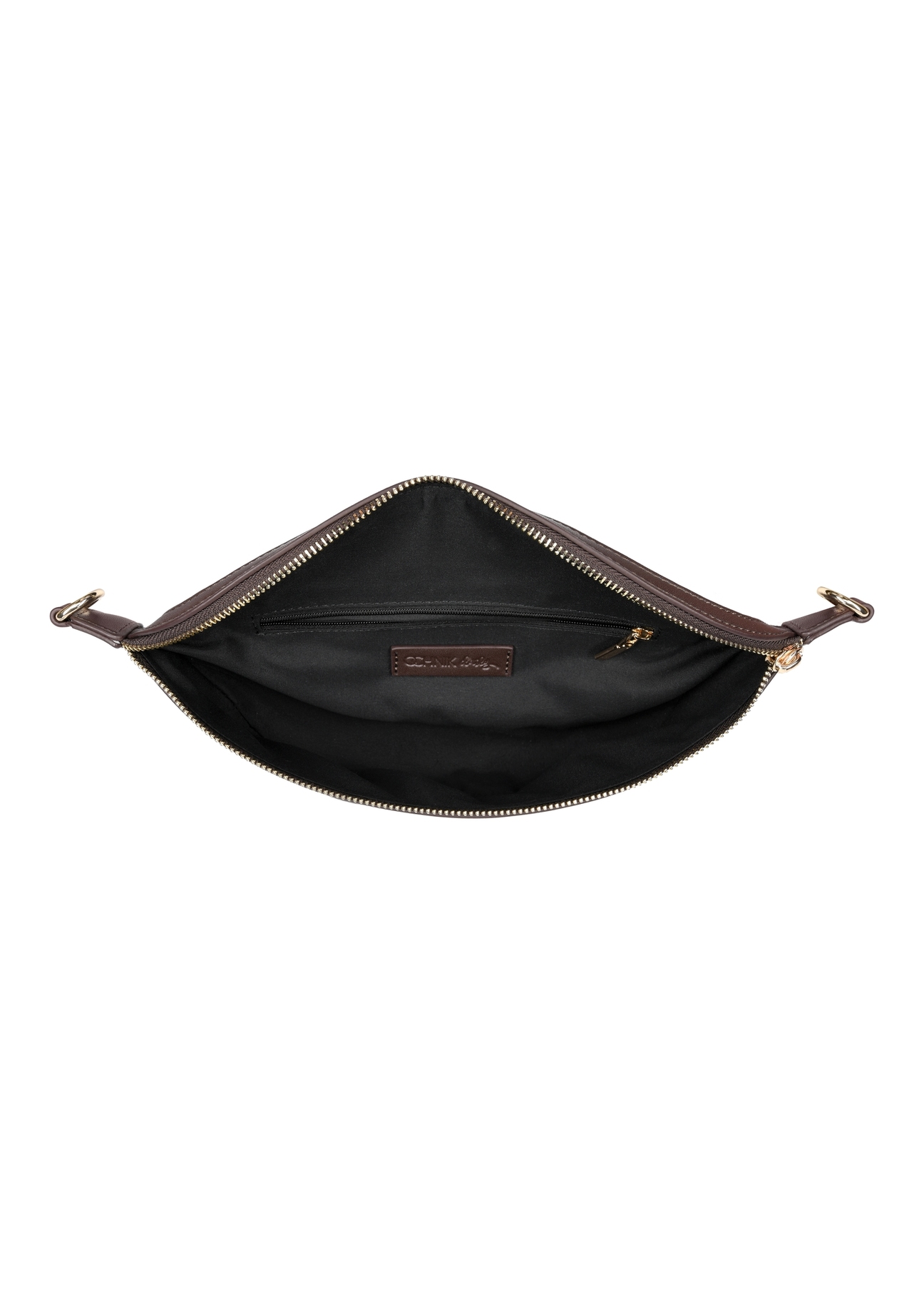 Brązowa nerka z monogramem TOREC-0981A-89 (Z25), widok produktu od środka na białym tle.