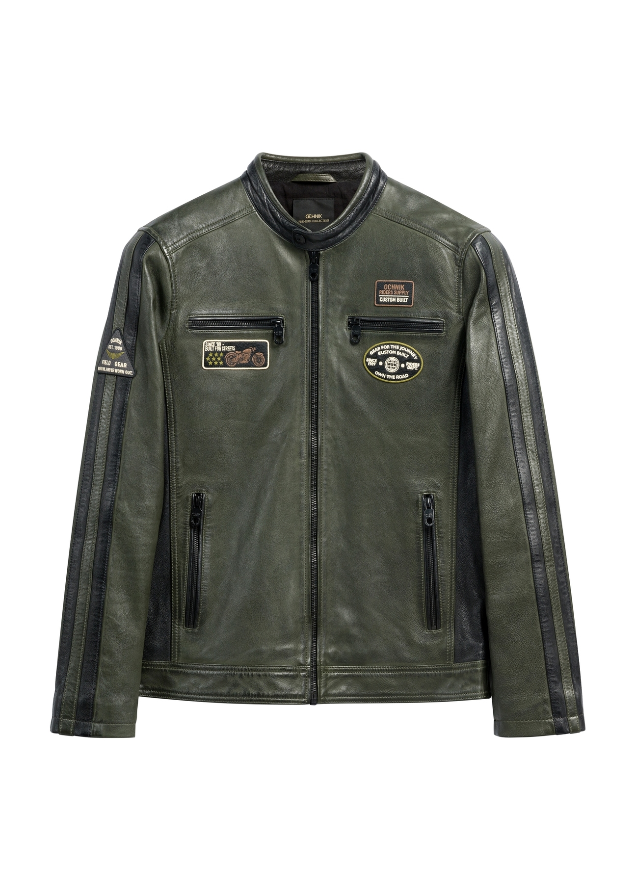 Skórzana kurtka męska w kolorze khaki KURMS-0399-8D(W26) - widok produktu z przodu, na białym tle.