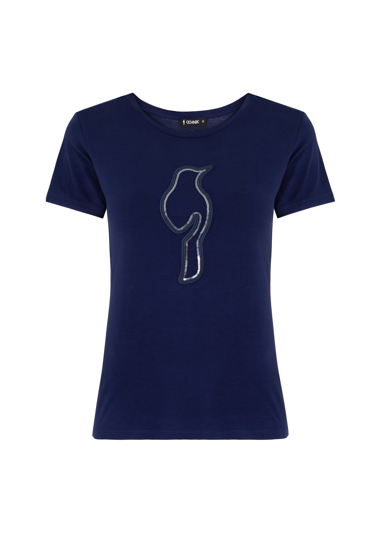 Granatowy T-shirt damski z aplikacją TSHDT-0069-69(W21)-02