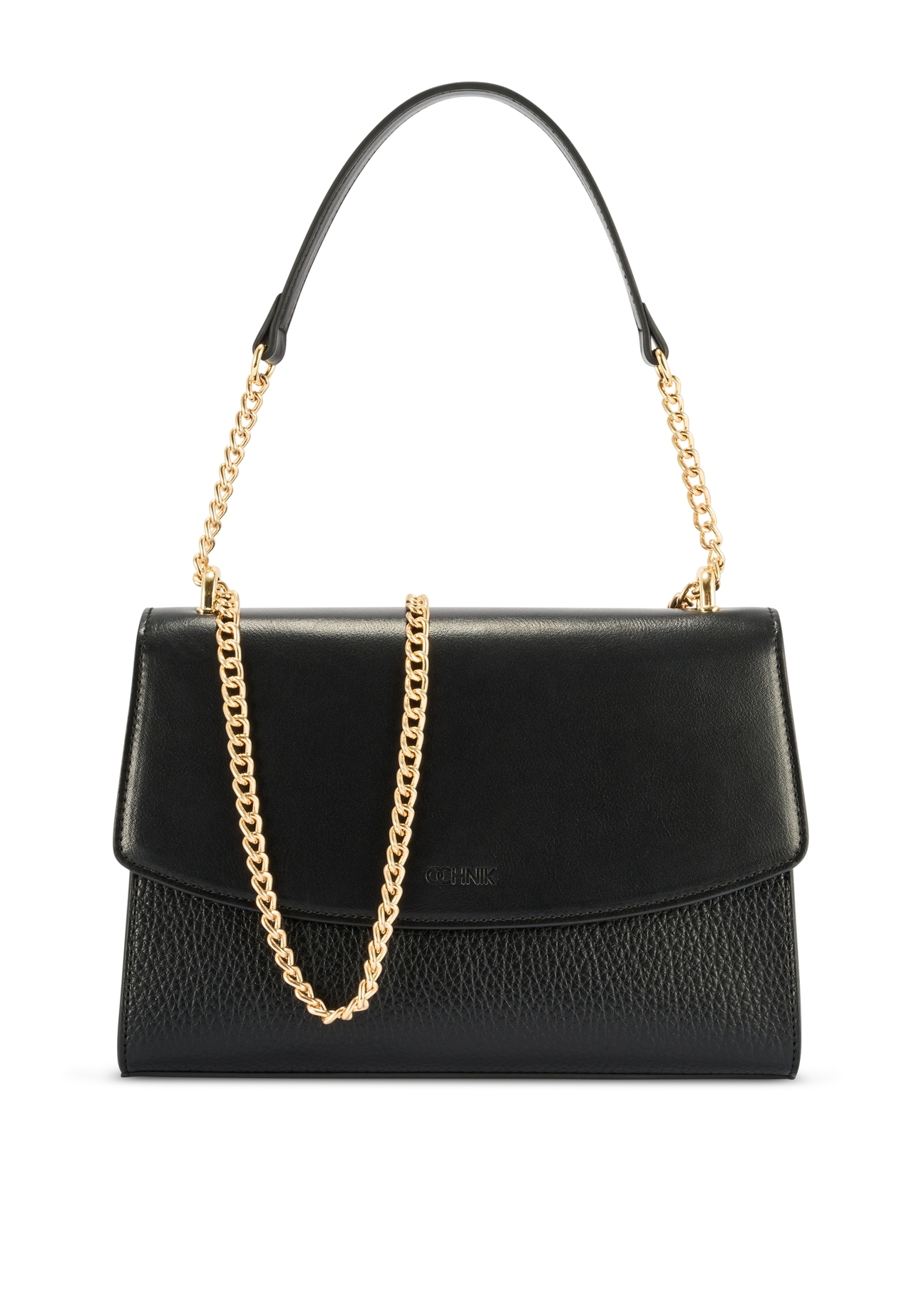 Czarna elegancka listonoszka damska TOREC-1165-99(W26) - widok produktu z przodu, na białym tle.