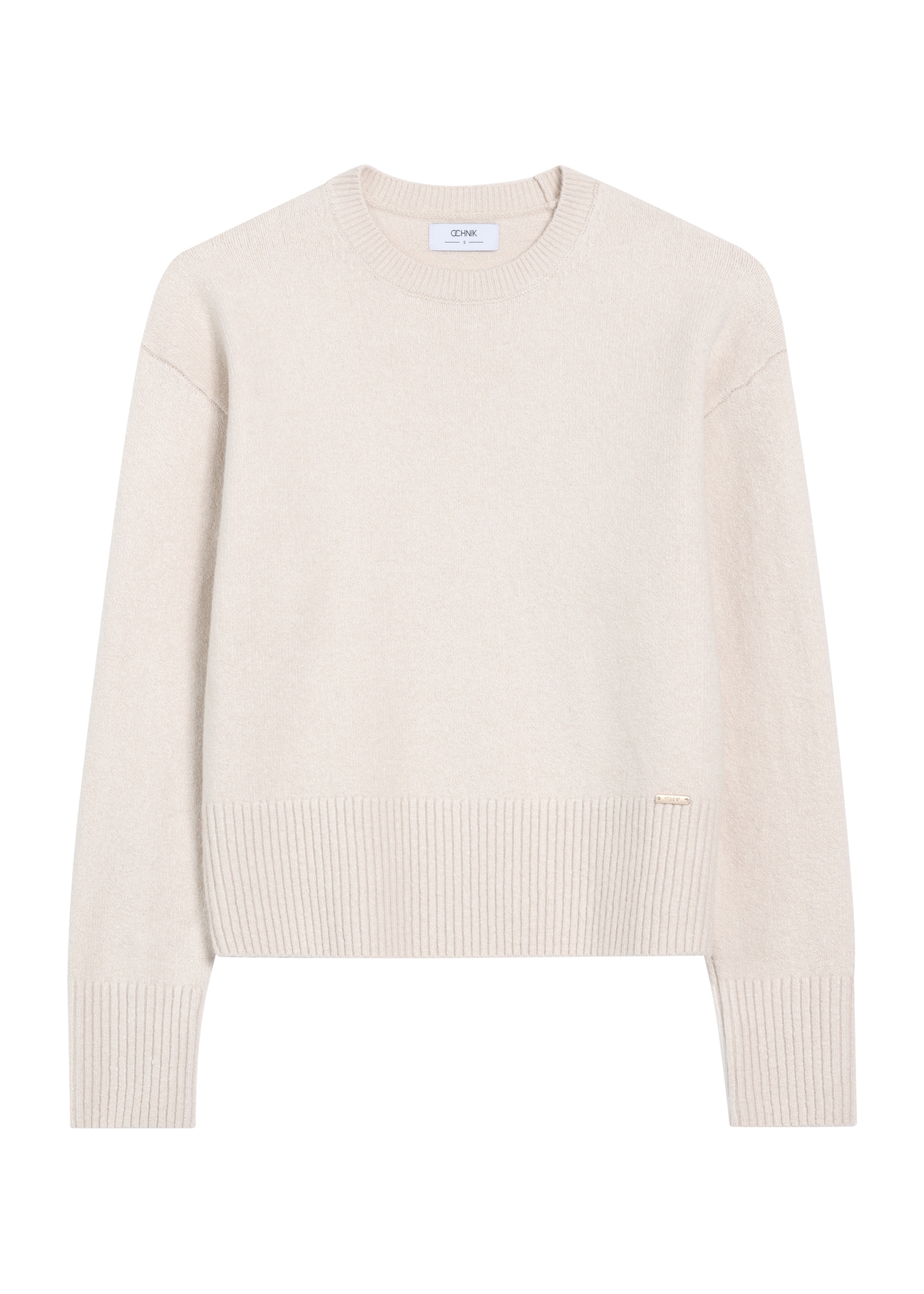 Beżowy sweter damski SWEDT-0242-80(Z25), widok produktu od przodu na białym tle.