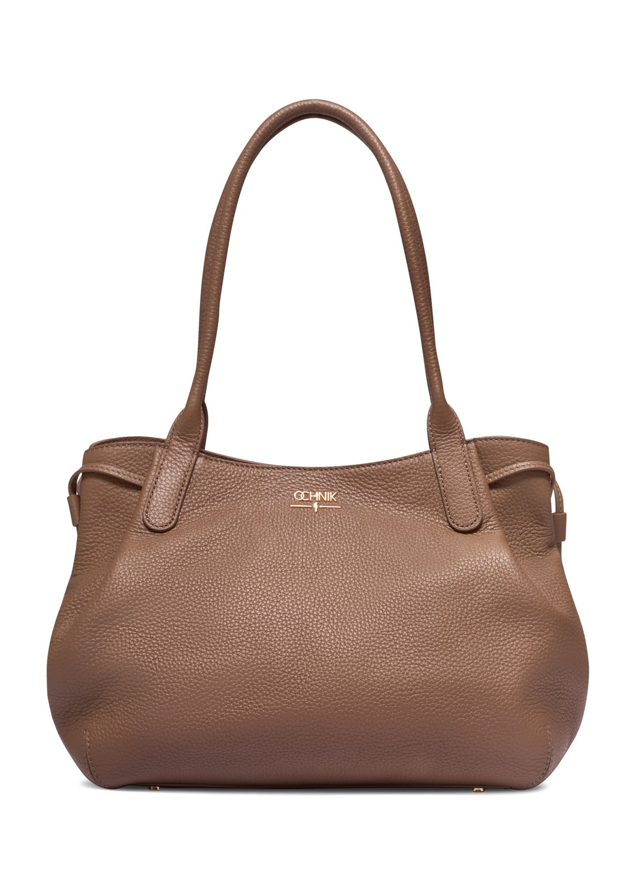 Skórzana torebka shopper w kolorze ciemnego beżu TORES-1360-1K(Z26) - widok produktu z przodu, na białym tle. 