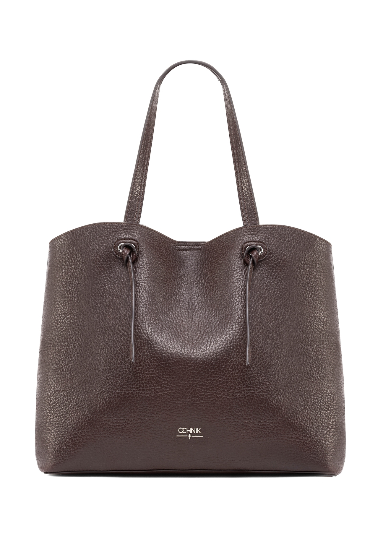 Duża brązowa torebka shopper TOREC-0995A-89(Z25), widok produktu od przodu na białym tle.-02