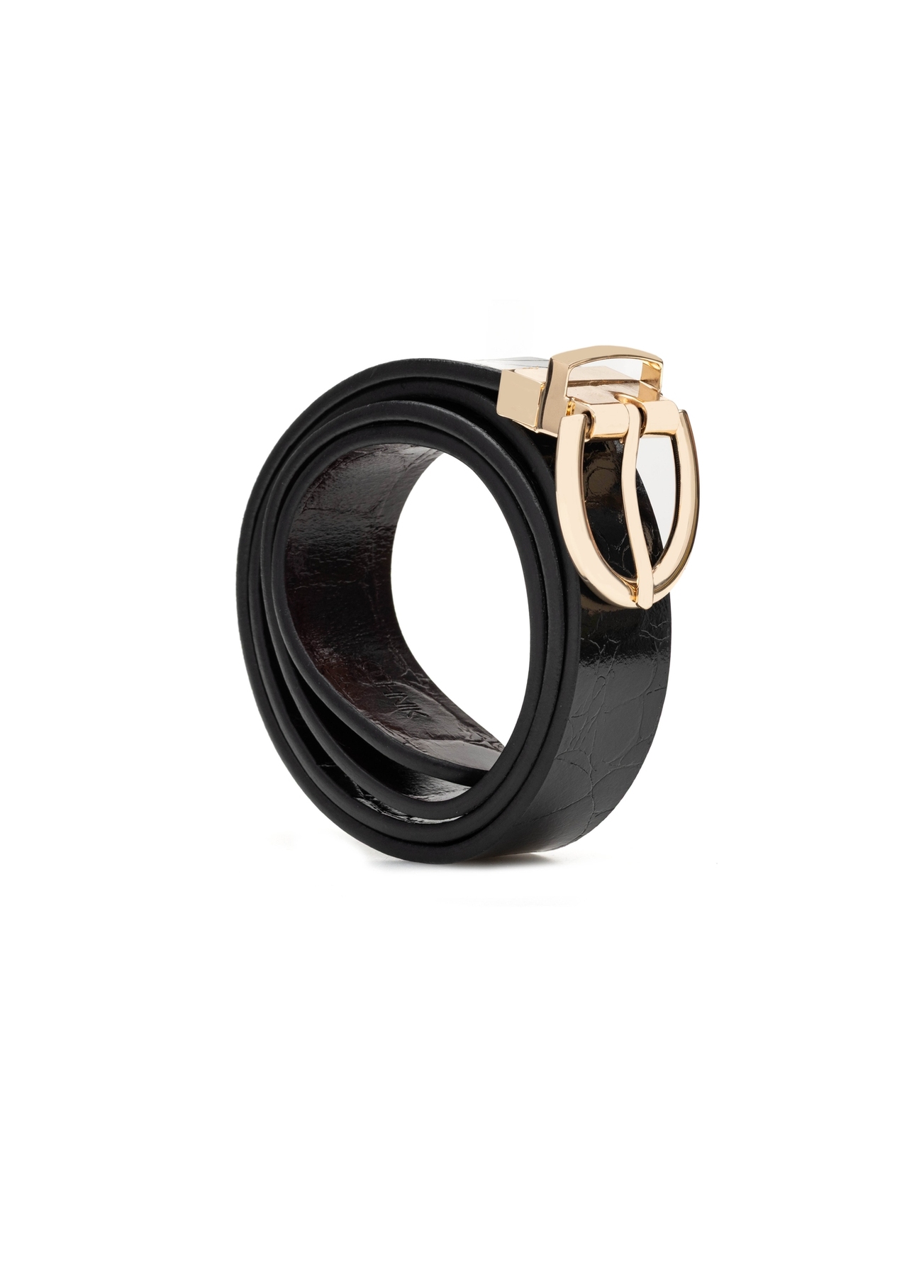 Dwustronny skórzany pasek damski croco PASDS-0332-49(Z25), widok produktu skosem na białym tle.-02