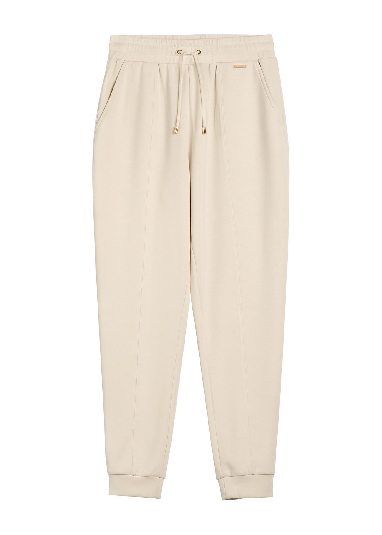 Jasnobeżowe spodnie damskie SPODT-0108-1A(W26), widok produktu z przodu na białym tle.