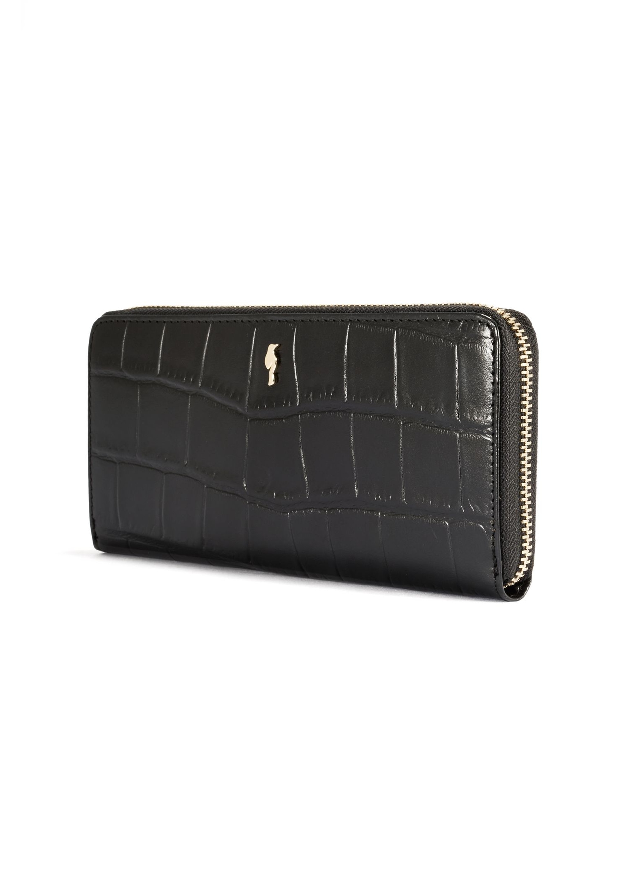 Czarny duży portfel damski croco PORES-0908-9G(Z26) - widok produktu po skosie, na białym tle. 