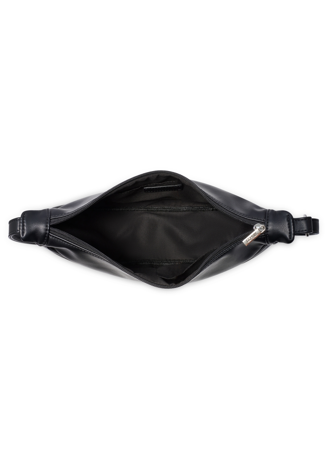 Czarna półokrągła torebka damska TOREC-1146-99(W26), widok produktu w środku na białym tle.