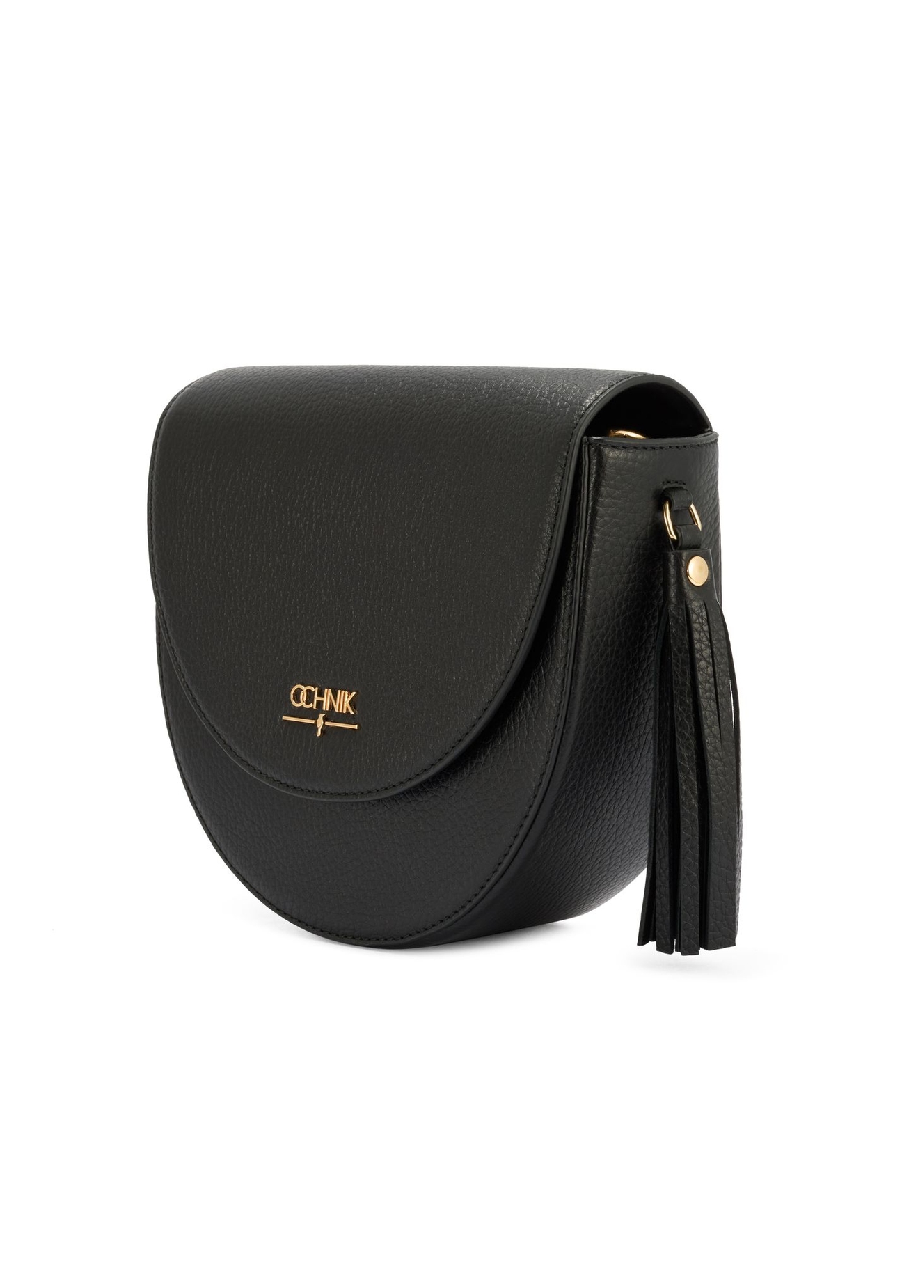 Czarna skórzana listonoszka damska TORES-1283-9I(W26) - widok produktu po skosie, na białym tle.