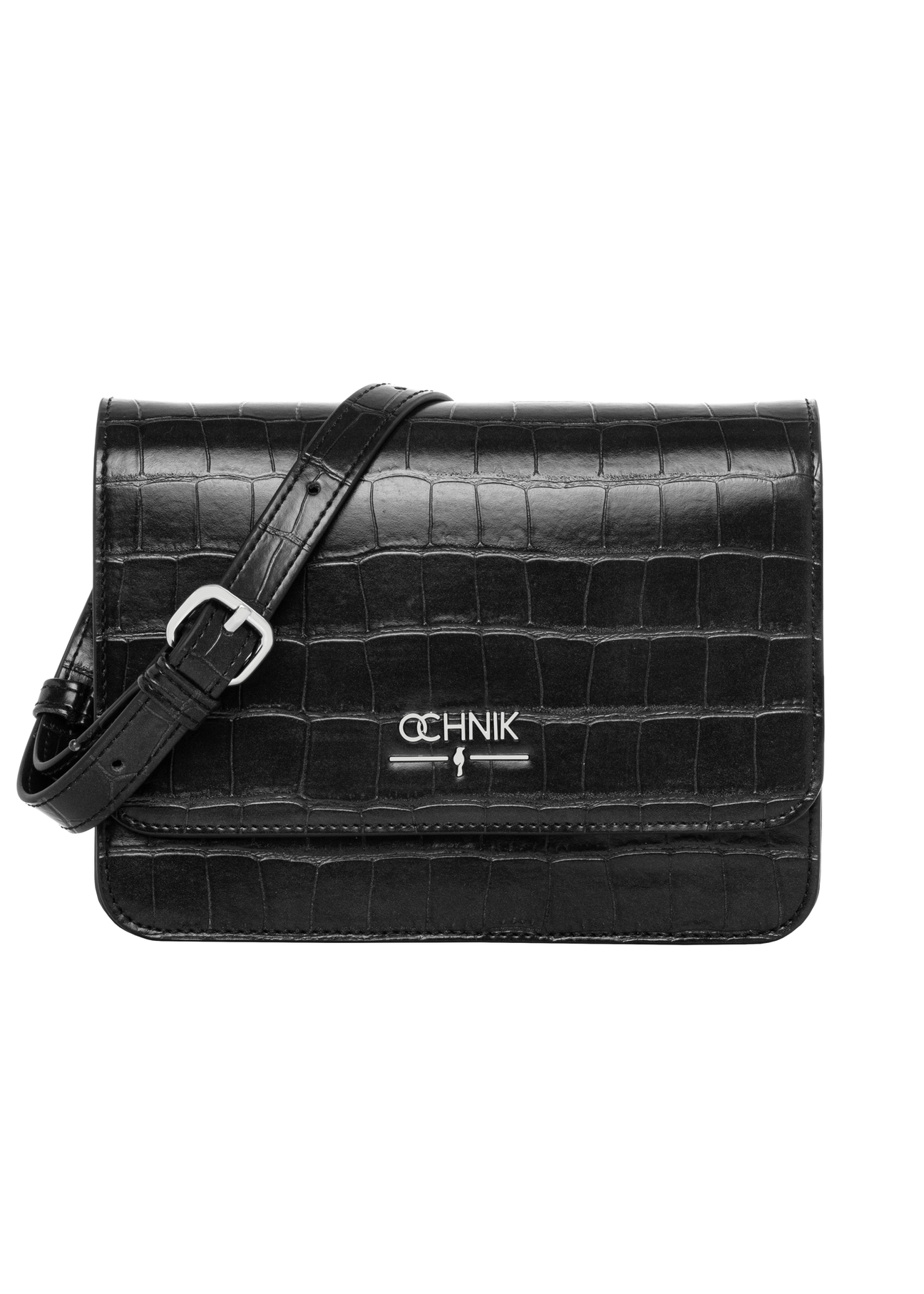 Czarna torebka damska croco TOREC-1288-9G(Z26), widok produktu od przodu na białym tle.