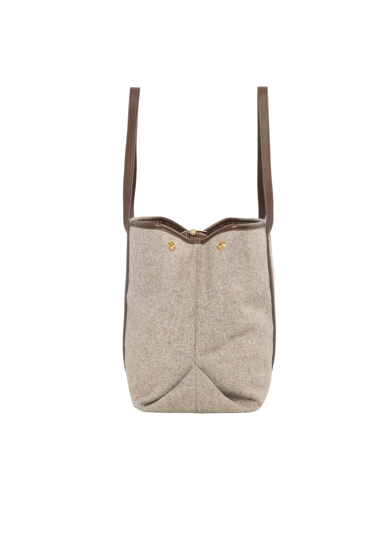 Beżowa torebka shopper w jodełkę TOREC-1330-1P(Z26) - widok produktu z boku, na białym tle. 