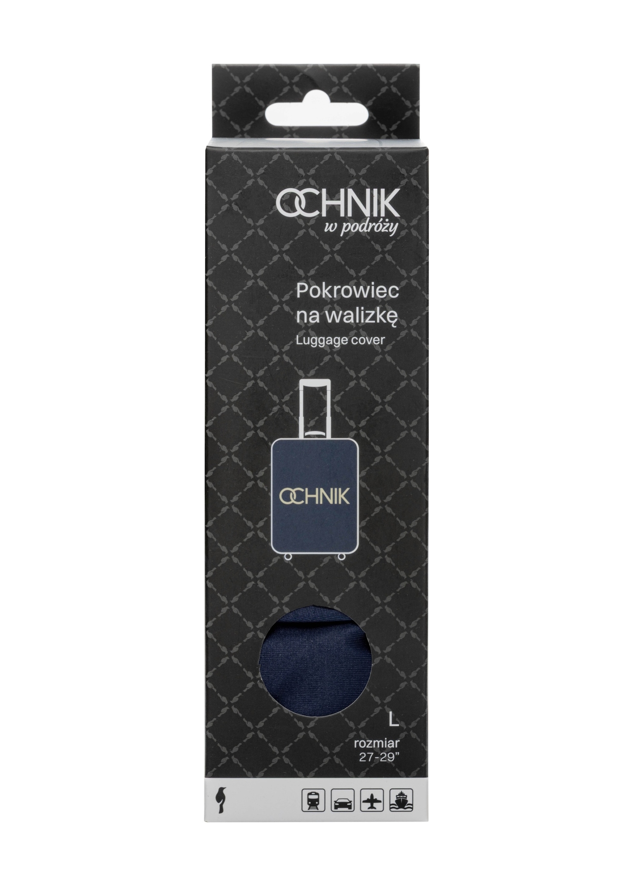 Granatowy pokrowiec na dużą walizkę AW-013-0002-7D-L(W26), widok produktu z przodu w opakowaniu.