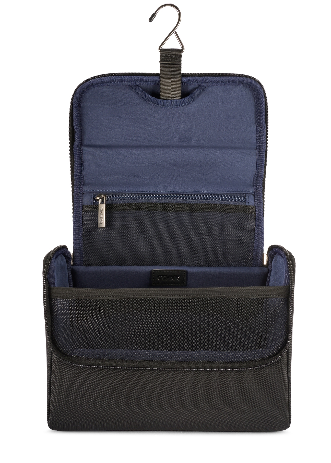 Duża czarna kosmetyczka męska TORMN-0405-99(W26), widok produktu od środka na białym tle.