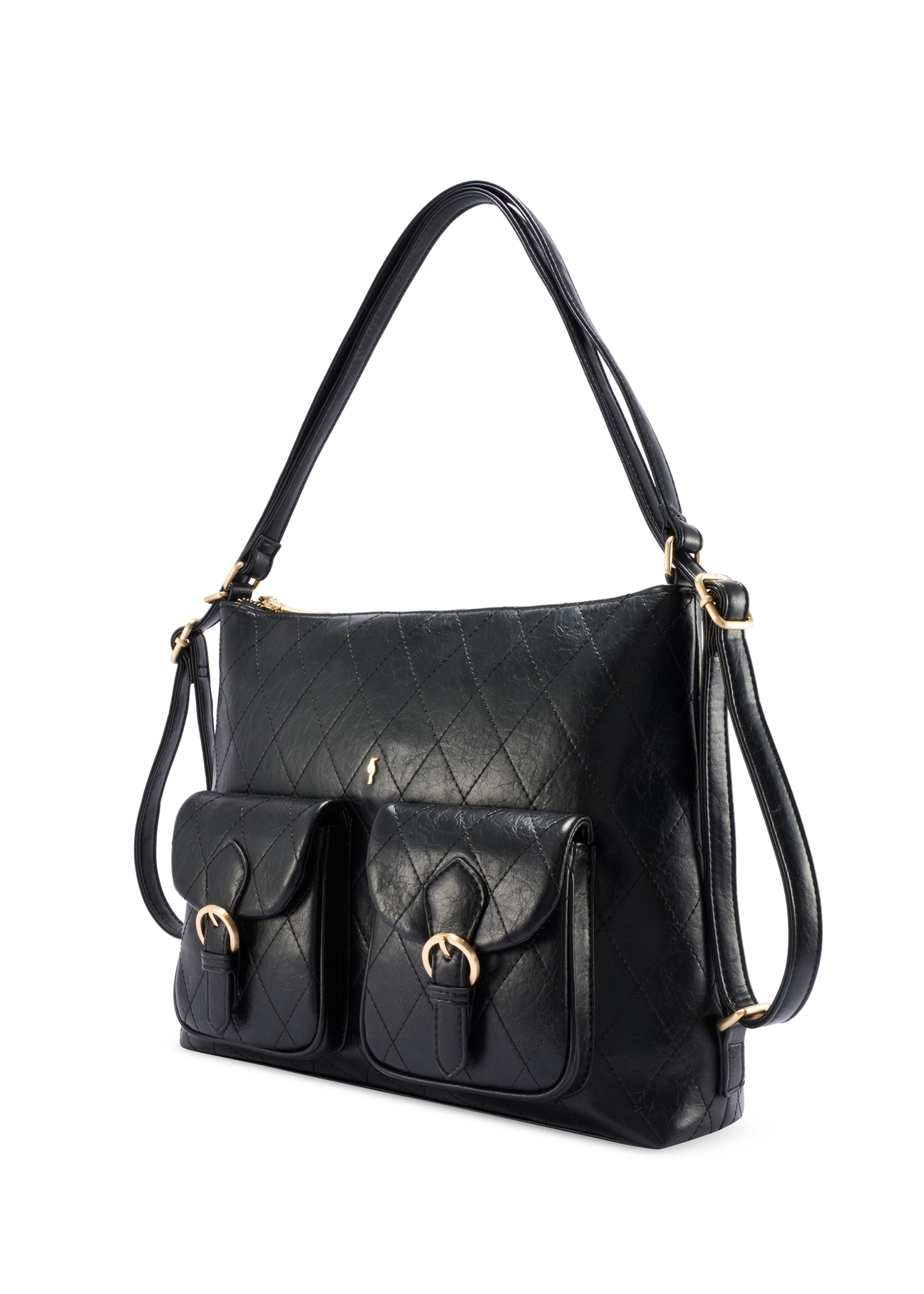 Czarny skórzany pasek damski PASDS-0342-99(W26) - widok produktu po skosie, na białym tle.