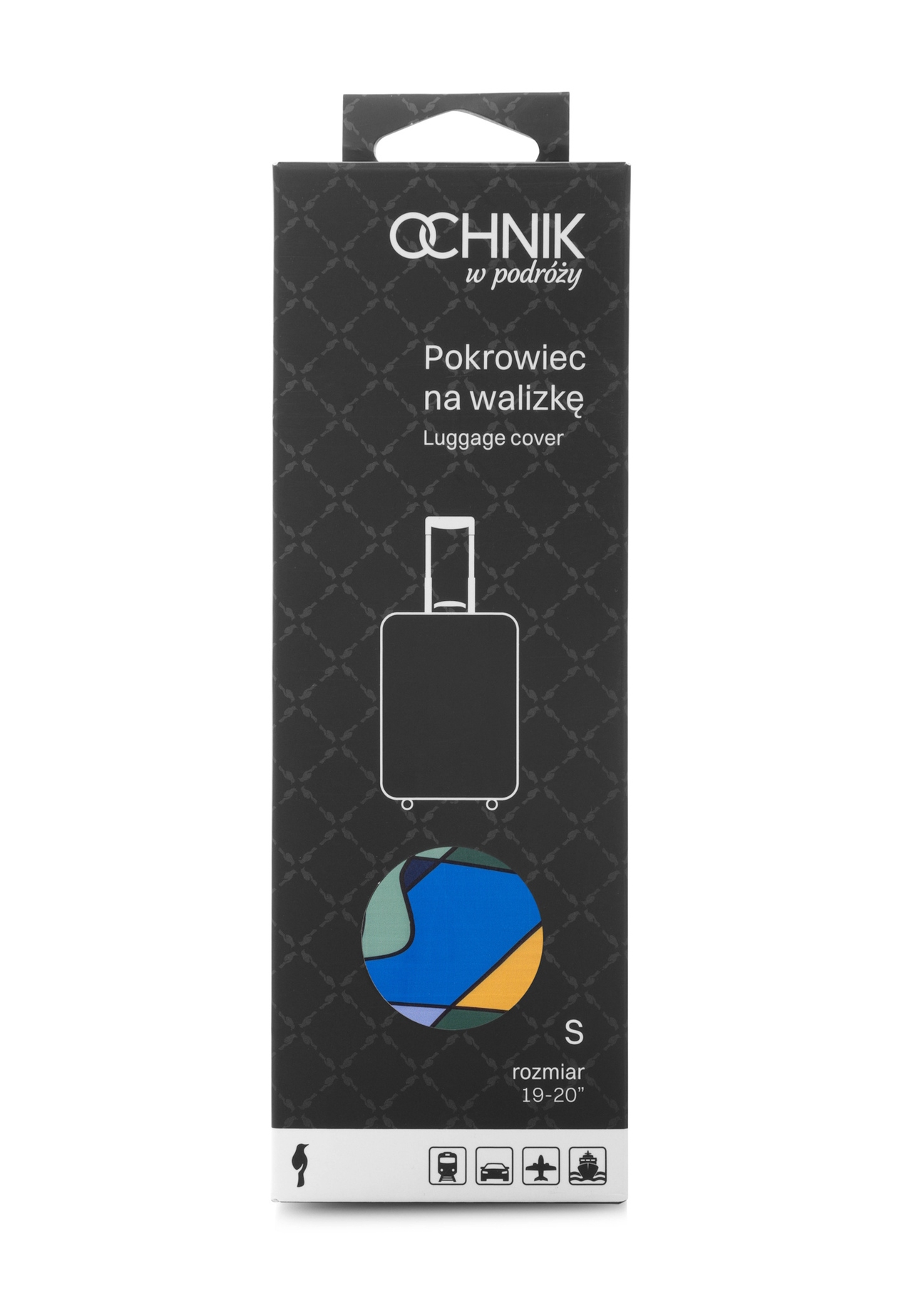 Kolorowy pokrowiec na małą walizkę AW-013-0003-15-S(W25), widok produktu w opakowaniu na białym tle.