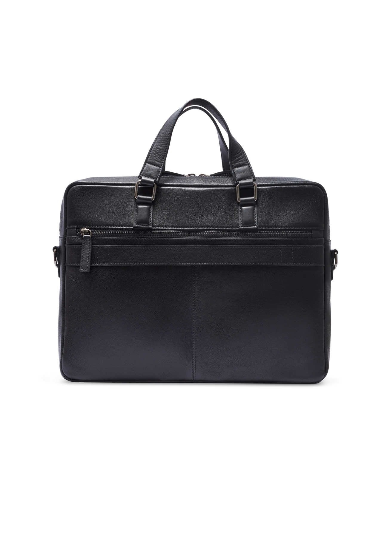 Czarna skórzana torba na laptopa TORMS-0496-99(W26) - widok produktu z tyłu, na białym tle. 